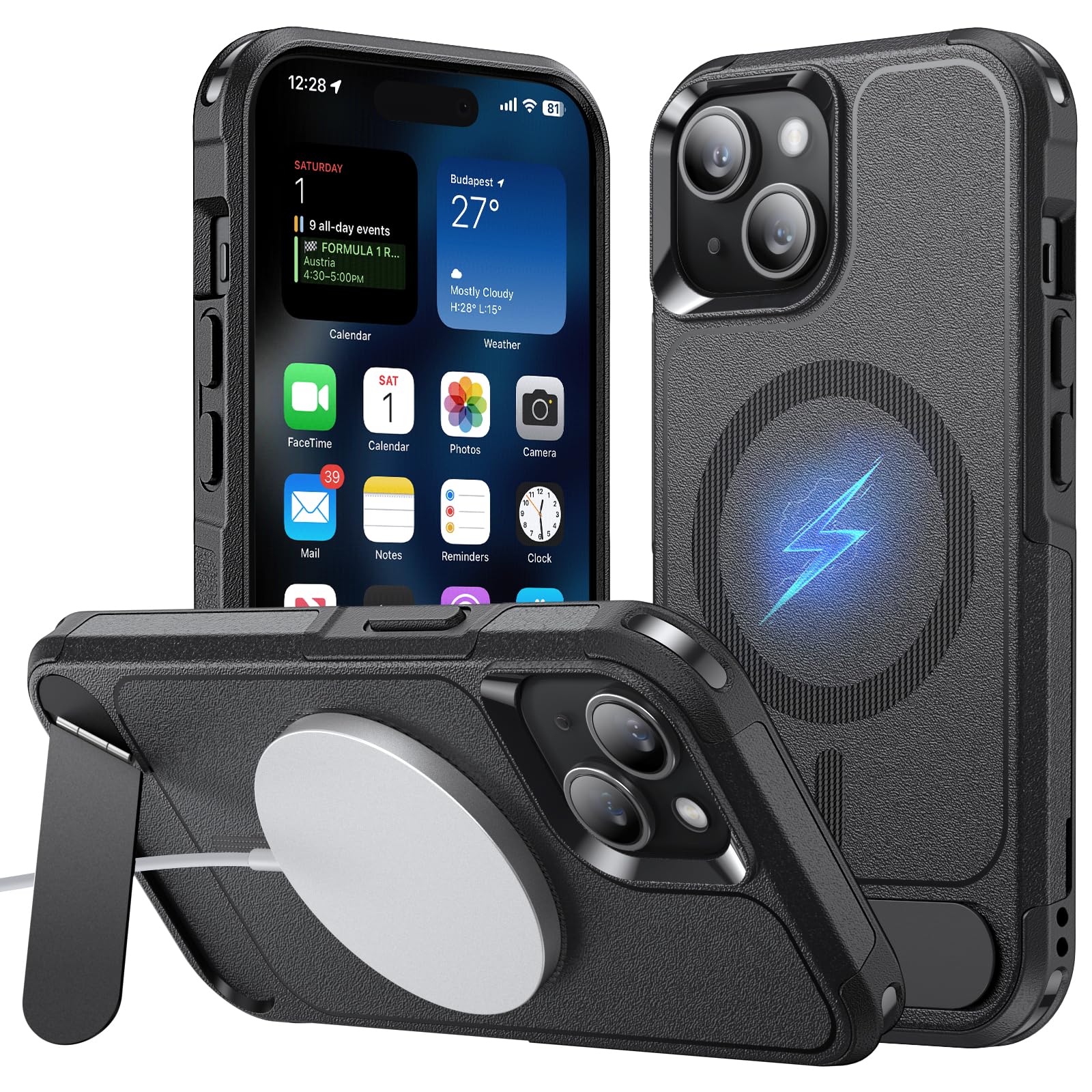 3 in 1 Magnetic Shockproof Case for iPhone 15 with Stand - Omni-Directional Protection, Includes Tempered Glass Screen Protector & Camera Lens Protector | Compatible with MagSafe | Perfect for Work, Travel & Everyday Use (Black)