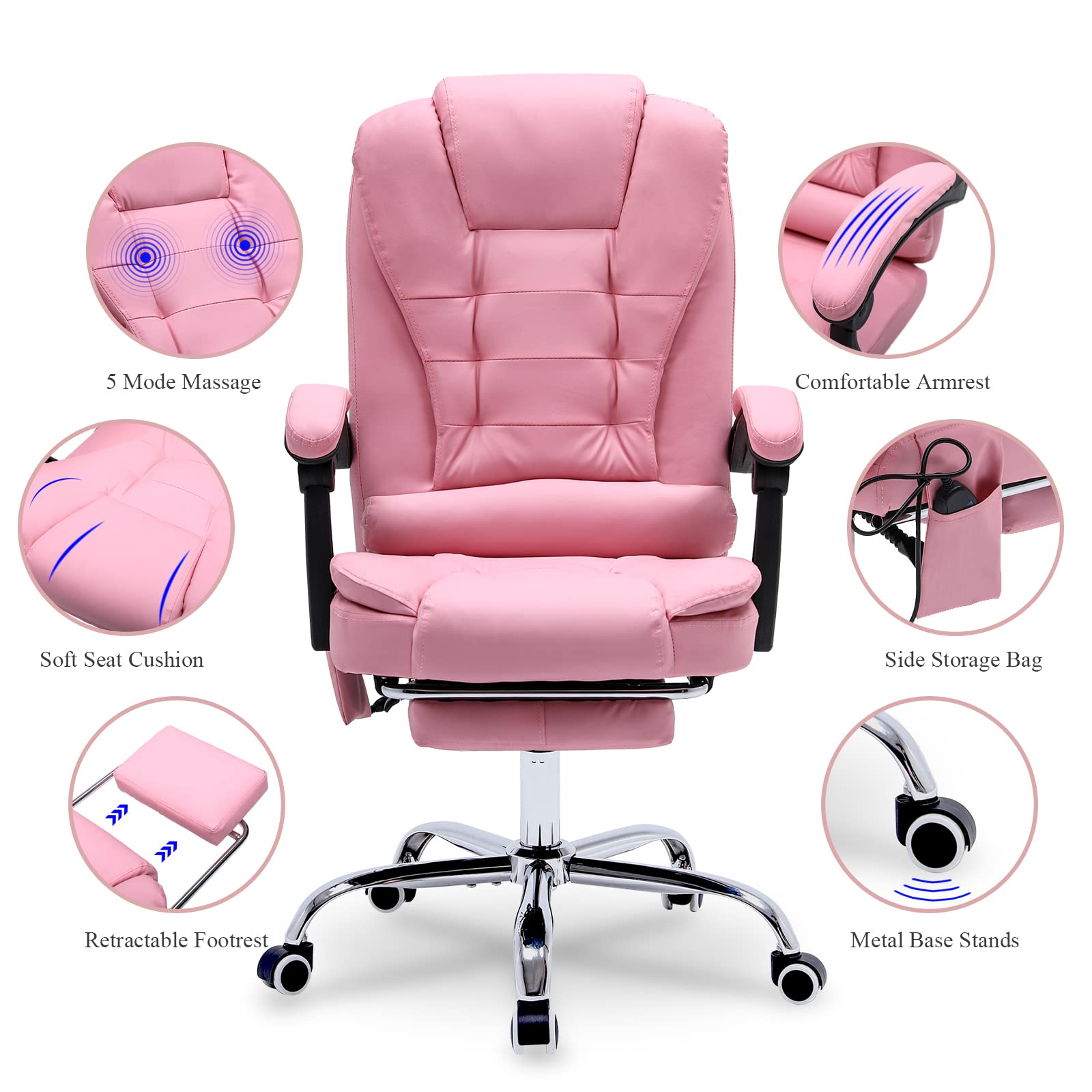 Ergonomic Reclining Office Chair with Massage & Heat - PU Leather Executive Computer Chair with Footrest, Padded Armrest & High Back Support - Swivel Recliner for Home Office, Study & Gaming (Pink) - Perfect for Long Work Hours, Relaxation & Productivity