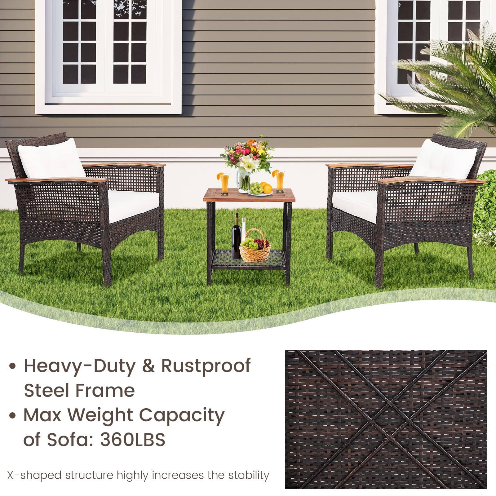 Tangkula 3-Piece Outdoor Rattan Sofa Set with Acacia Wood Table - PE Wicker Patio Furniture Conversation Set Includes Coffee Table, Seat Cushions & Armrests (Off White) - Perfect for Garden, Backyard, Poolside & Patio Relaxation