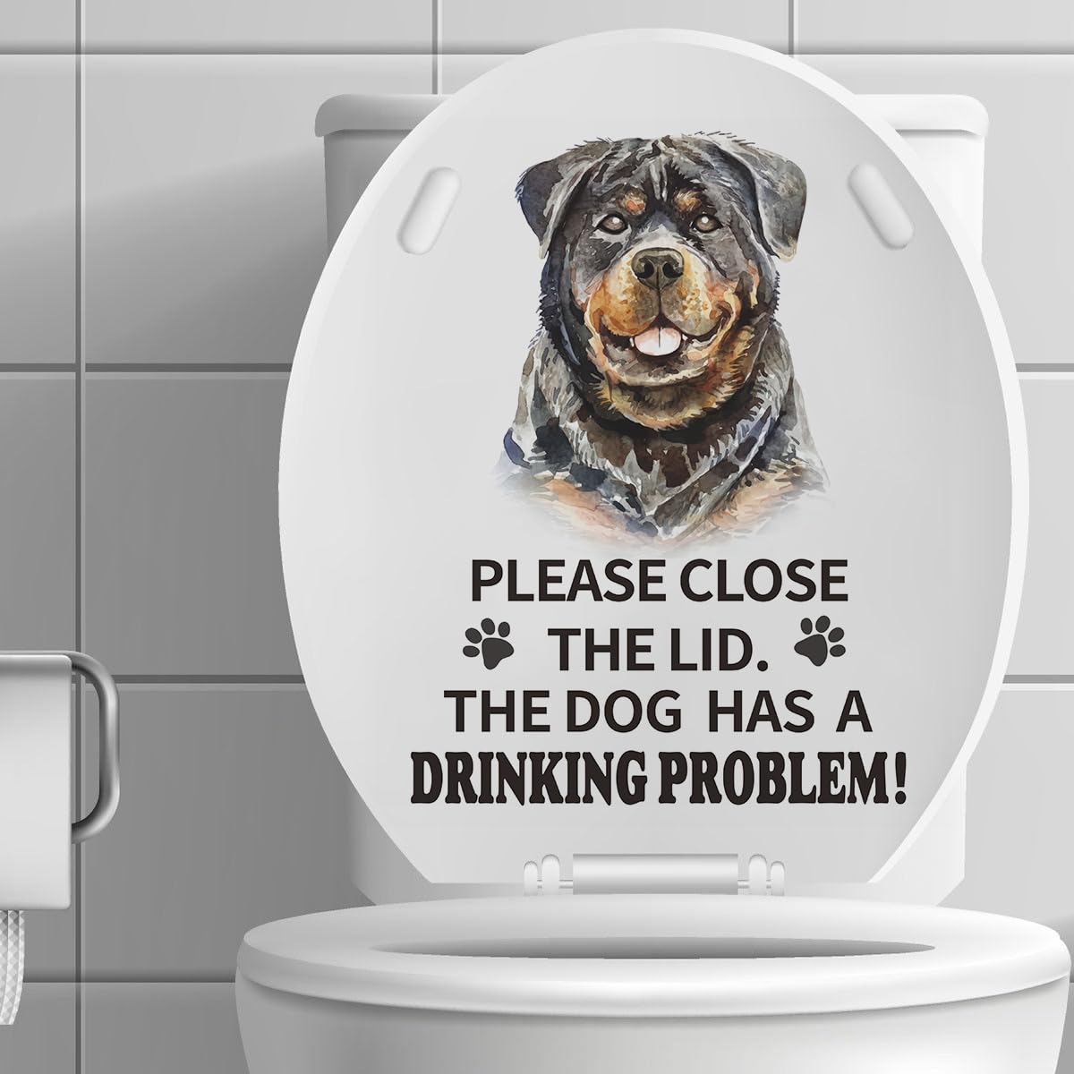 Funny Rottweiler Dog Toilet Seat Cover Decal - 'Please Close The Lid, The Dog Has Drinking Problems' - Humorous Bathroom Decor Vinyl Sticker - Waterproof & Removable - Perfect for Home, Apartment & Office Washrooms