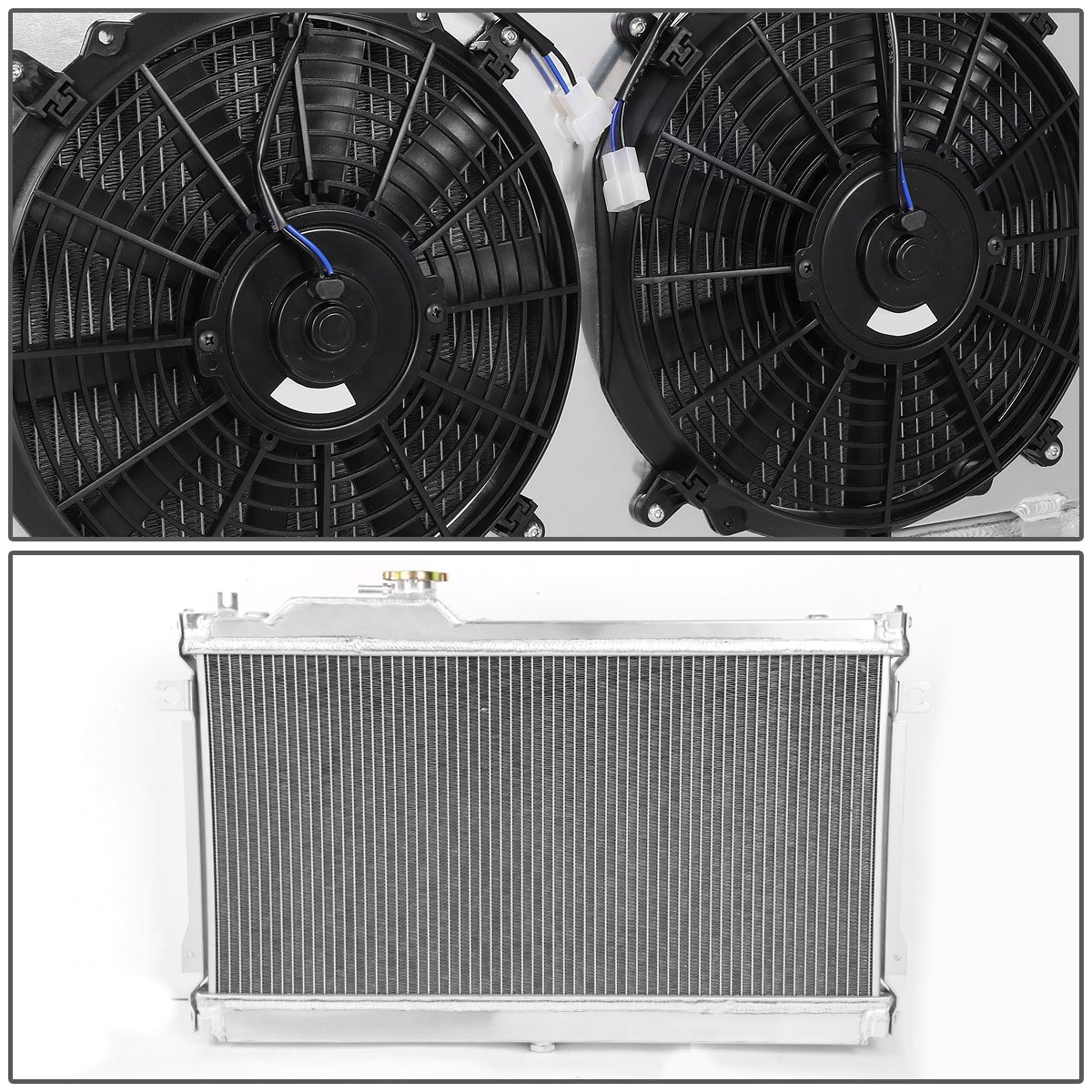 DNA Motoring RA+FS-MM90-2 Dual Core 2-Row Aluminum Radiator with 2x Fan Shroud - Compatible with 1990-1998 Mazda Miata MX-5 - High Performance Cooling Upgrade for Racing & Street Driving
