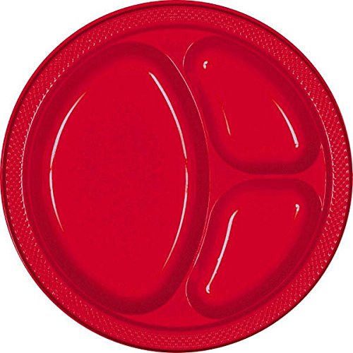 Vibrant Red 3-Compartment Plastic Plates - 10 Inch (Pack of 20) - Durable Disposable Dinnerware for Parties, Picnics & Family Gatherings - Perfect for BBQs, Birthday Celebrations & Outdoor Events