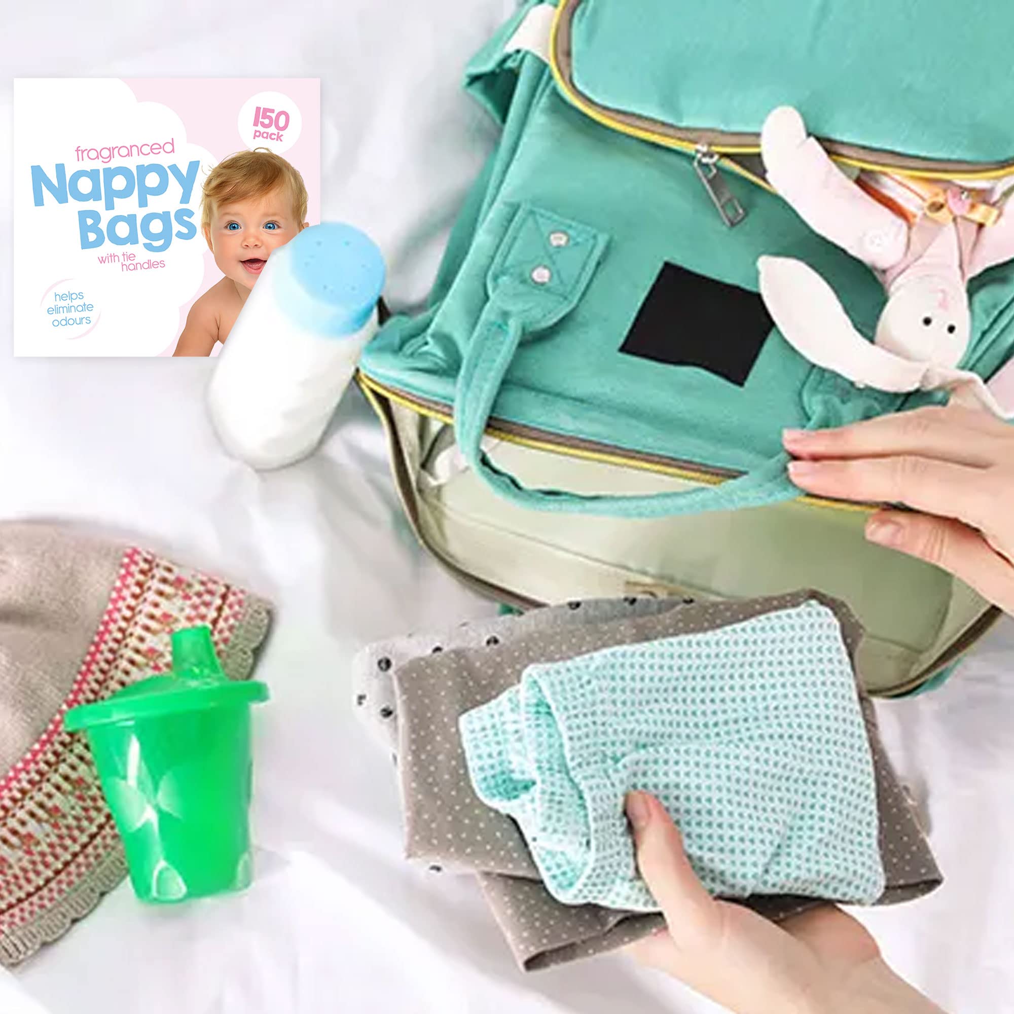 150 Scented Diaper Bags with Drawstring - Odor Control, Leakproof & Durable Baby Travel Essentials - Perfect for On-the-Go Parents, Daycare & Traveling with Infants