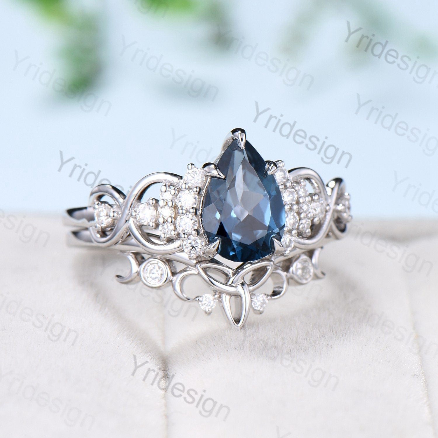Celtic Love London Blue Topaz Engagement Ring Set – Pear Shaped Topaz & Diamond Wedding Ring – Norse Viking Cluster Moissanite Knot Bridal Jewelry for Women | Perfect for Weddings, Anniversaries & Romantic Gifts