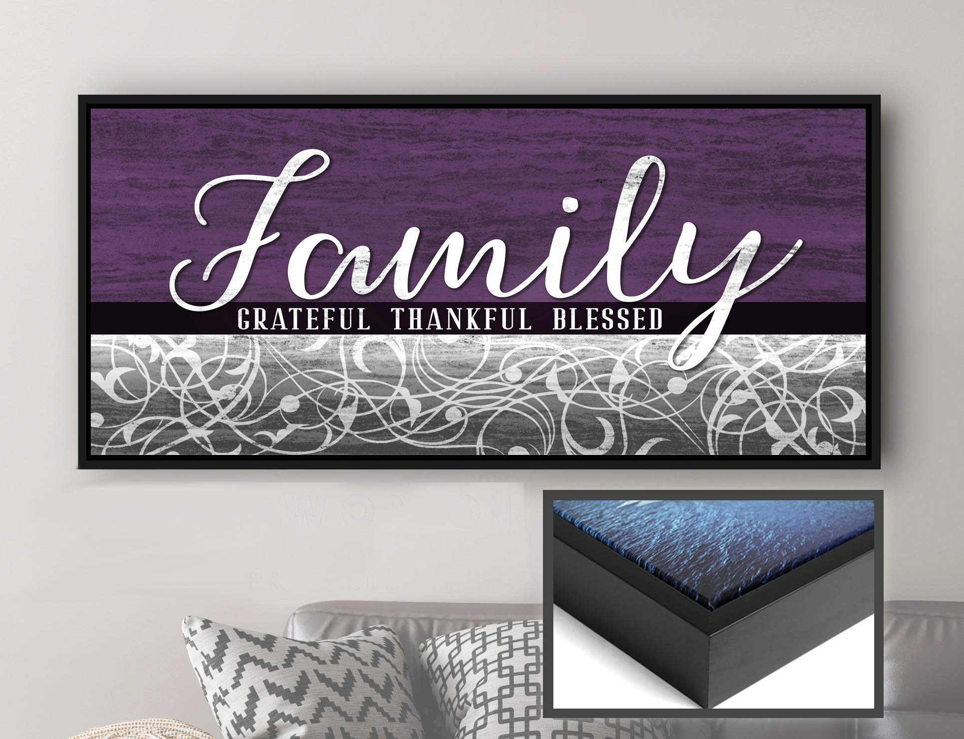Family Is Everything Framed Wall Art - Large 42x19 Inch Farmhouse Canvas Decor for Living Room, Family Room - Grateful Thankful Purple Design (Black Frame) | Perfect for Home, Office & Gift Giving