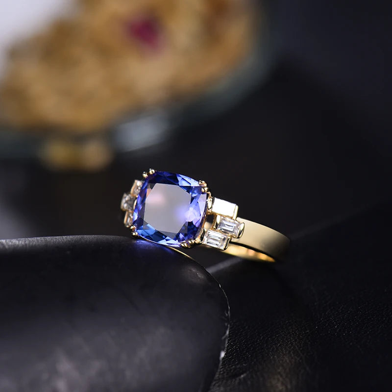 14K Yellow Gold Tanzanite & Diamond Cushion Ring – 8x8mm Women's Engagement Ring, Wedding Band, Anniversary Gift for Her – Perfect for Proposals, Bridal Jewelry & Special Occasions