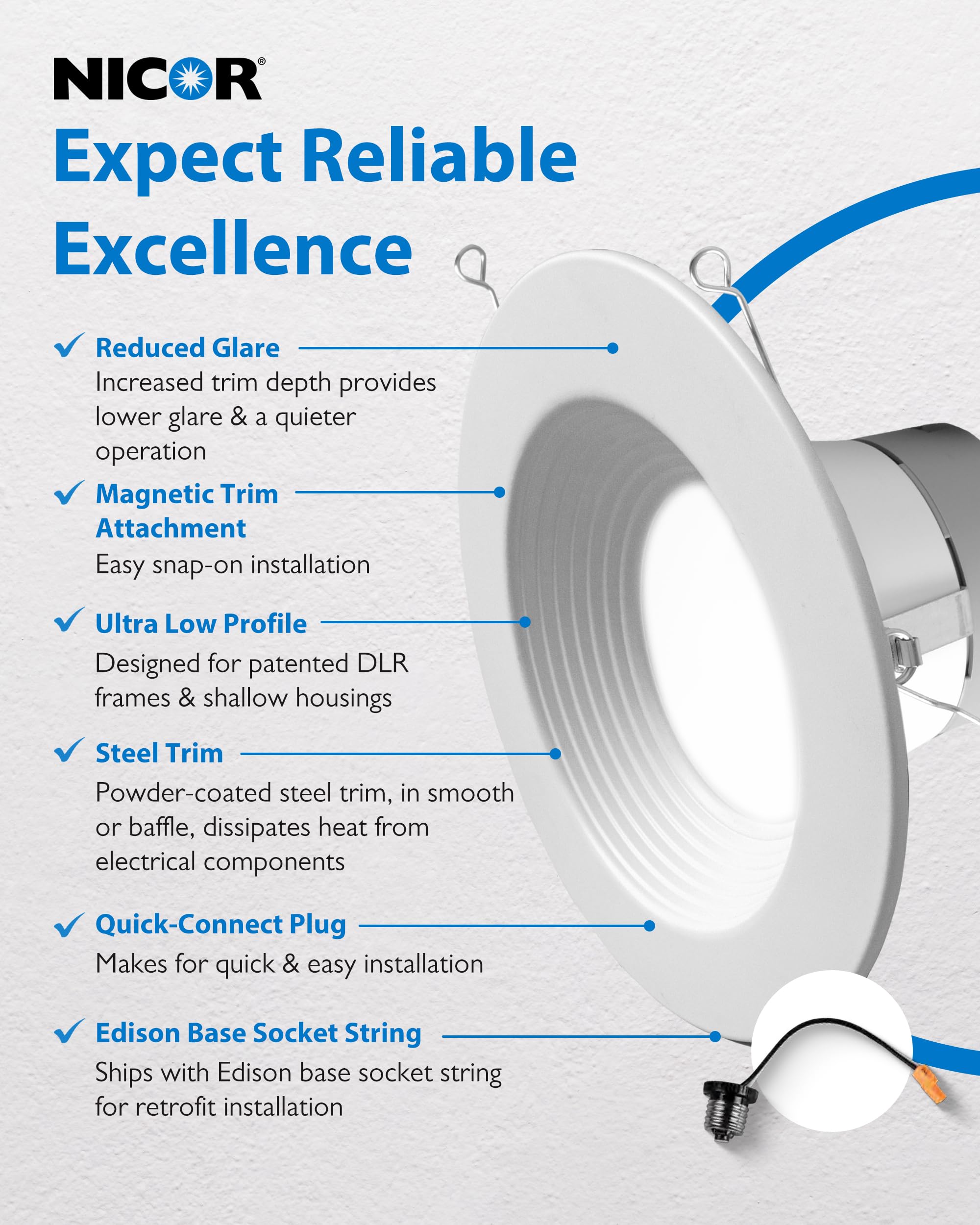 NICOR LED Recessed Ceiling Lights - 5/6 Inch Dimmable Downlight Fixtures with Selectable CCT 2700K-5000K, 918 Lumens, 10.3W - DLR56 Retrofit Recessed Lighting Kit (12-Pack, White Baffle) - Perfect for Living Rooms, Kitchens, and Commercial Spaces