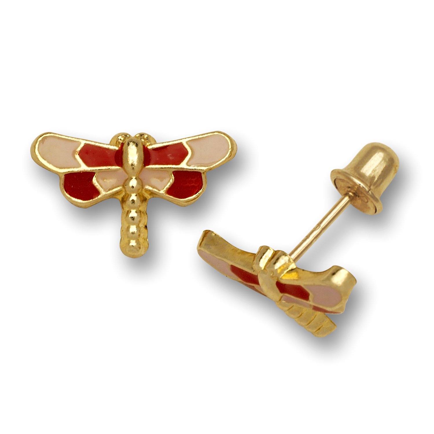 14K Yellow Gold Enamel Screw Back Red Dragonfly Earrings 7x11mm - Elegant Jewelry Gifts for Women, Perfect for Weddings, Parties & Special Occasions