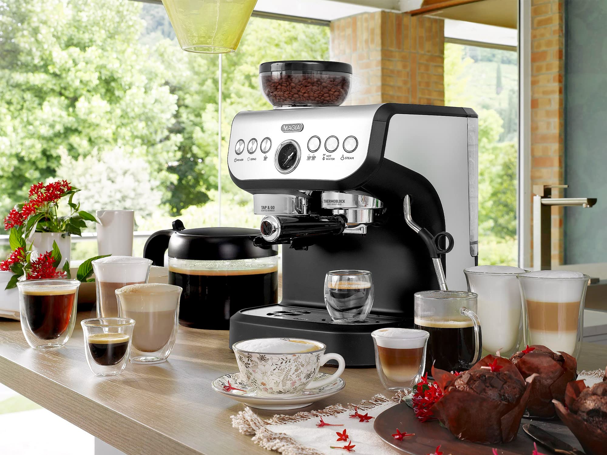 Zulay Kitchen Magia Manual Espresso Machine with Built-in Grinder & Milk Frother - 15 Bar Pressure Pump for Perfect Espresso, Cappuccino & Latte - 2L Large Removable Water Tank - Ideal for Home Baristas & Coffee Lovers