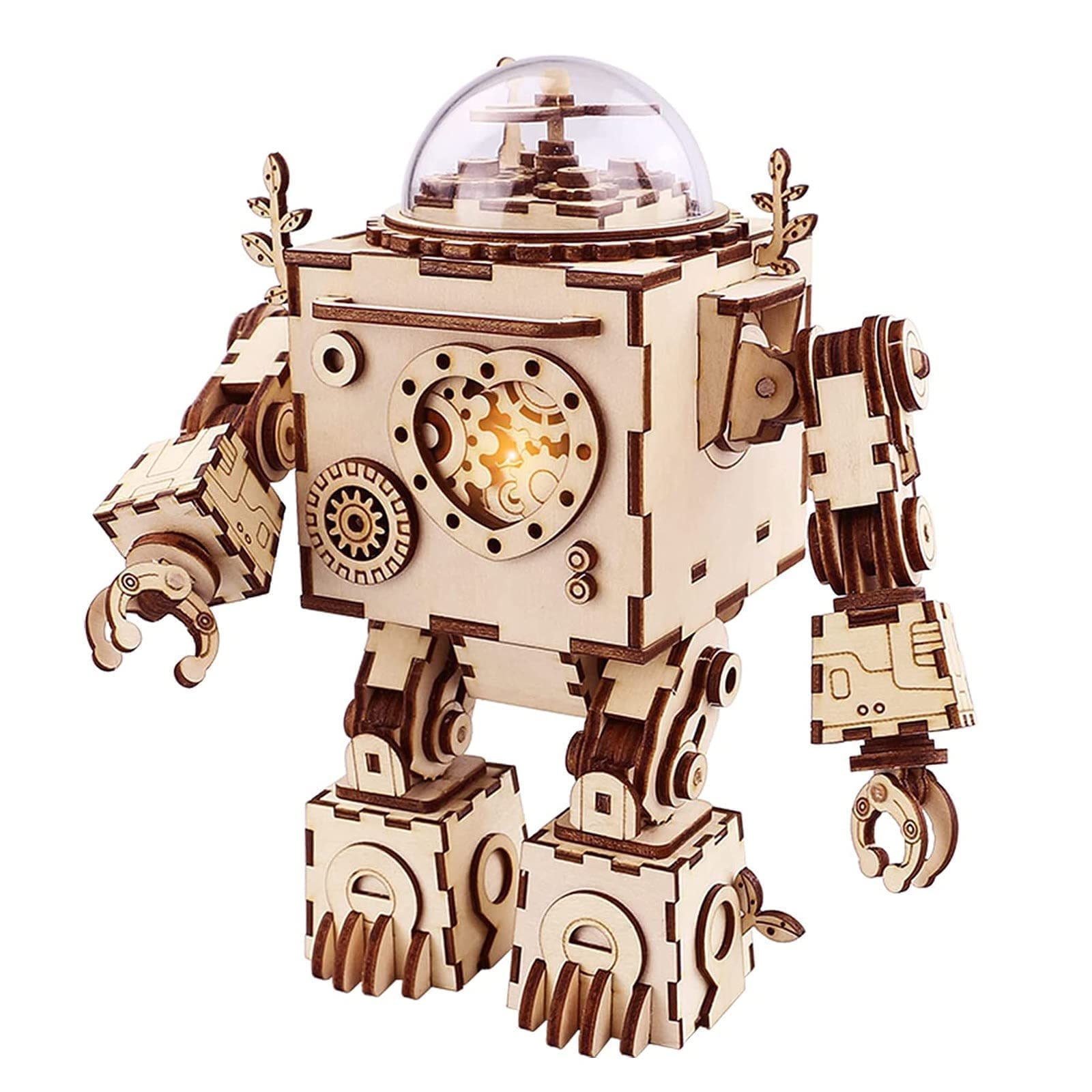 3D Wooden Puzzle Music Box - DIY Robot Figures with LED Light - Handcrafted Educational Toys for Adults & Kids - Perfect Gift for Christmas, Birthday, Anniversary - (15x9.2x18.5cm) - Great for STEM Learning, Home Decor, and Creative Playtime