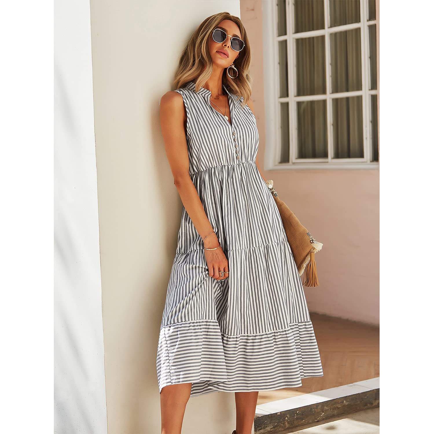 BROVAVE Women's 2025 Summer Sleeveless Striped V-Neck Collar Shirt Dress - Casual Midi Dress for Beach, Office & Date Night Outfits