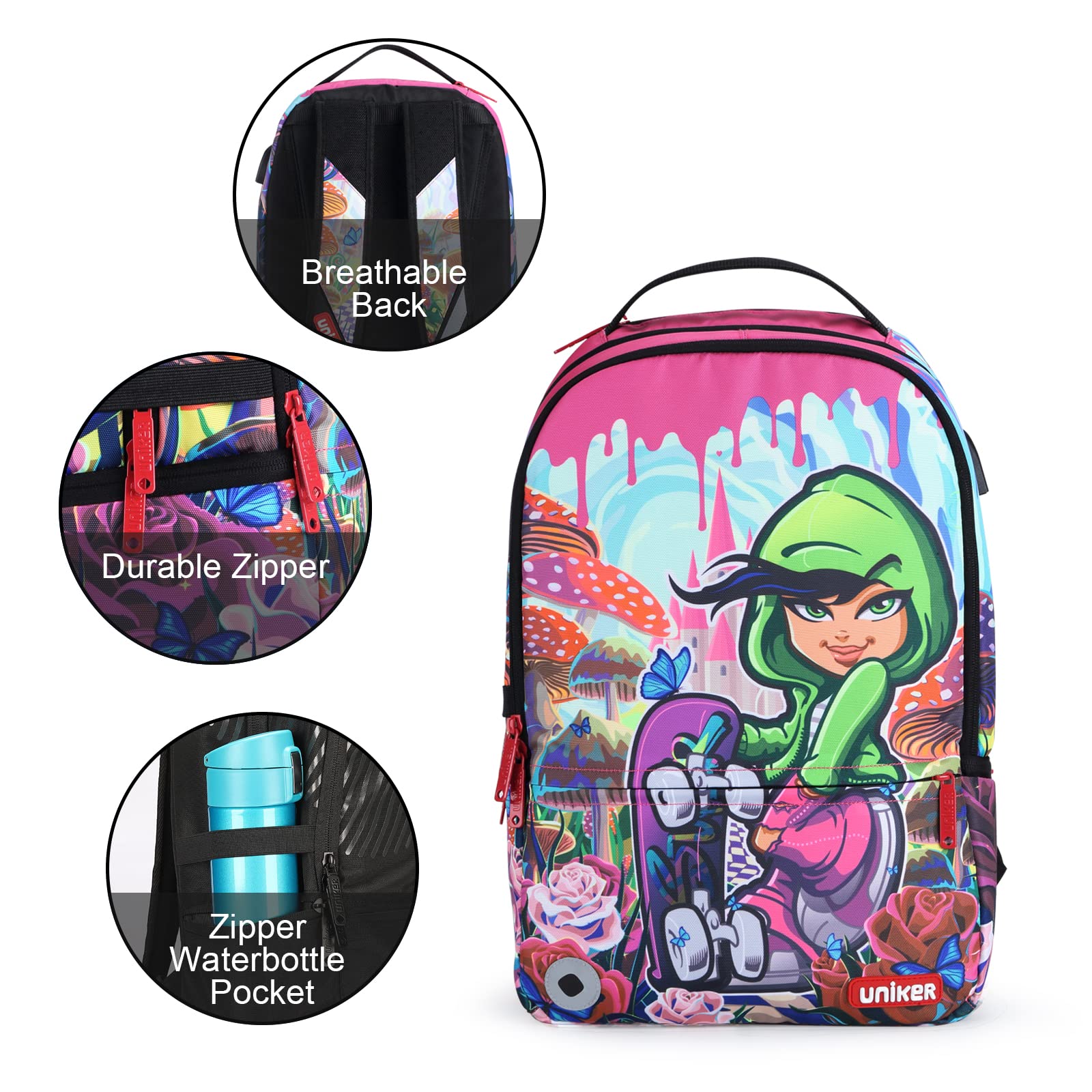 UNIKER Stylish Laptop Backpack for Women & Girls - USB Charging Port, Water Resistant, Fits 15.6 Inch Laptop - Graffiti Design School Backpack, Travel & Skateboard Friendly - Perfect for Work, College & Daily Commute