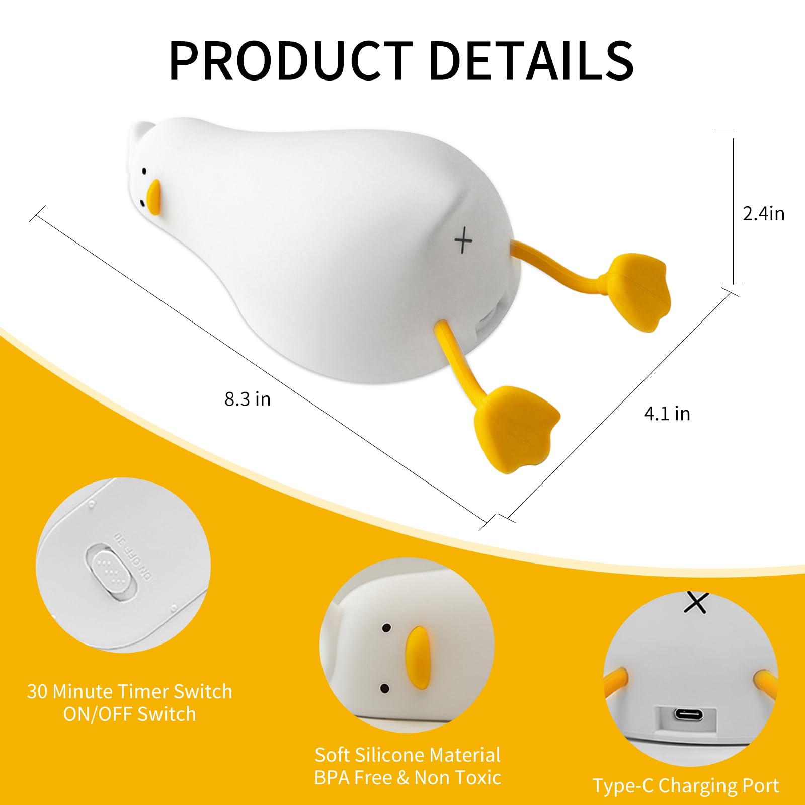 Dimmable LED Duck Night Light - Rechargeable Silicone Squishy Nursery Lamp with 3 Brightness Levels, Cute Touch Control Bedside Light for Baby Kids Room, Breastfeeding & Toddler Sleep Aid