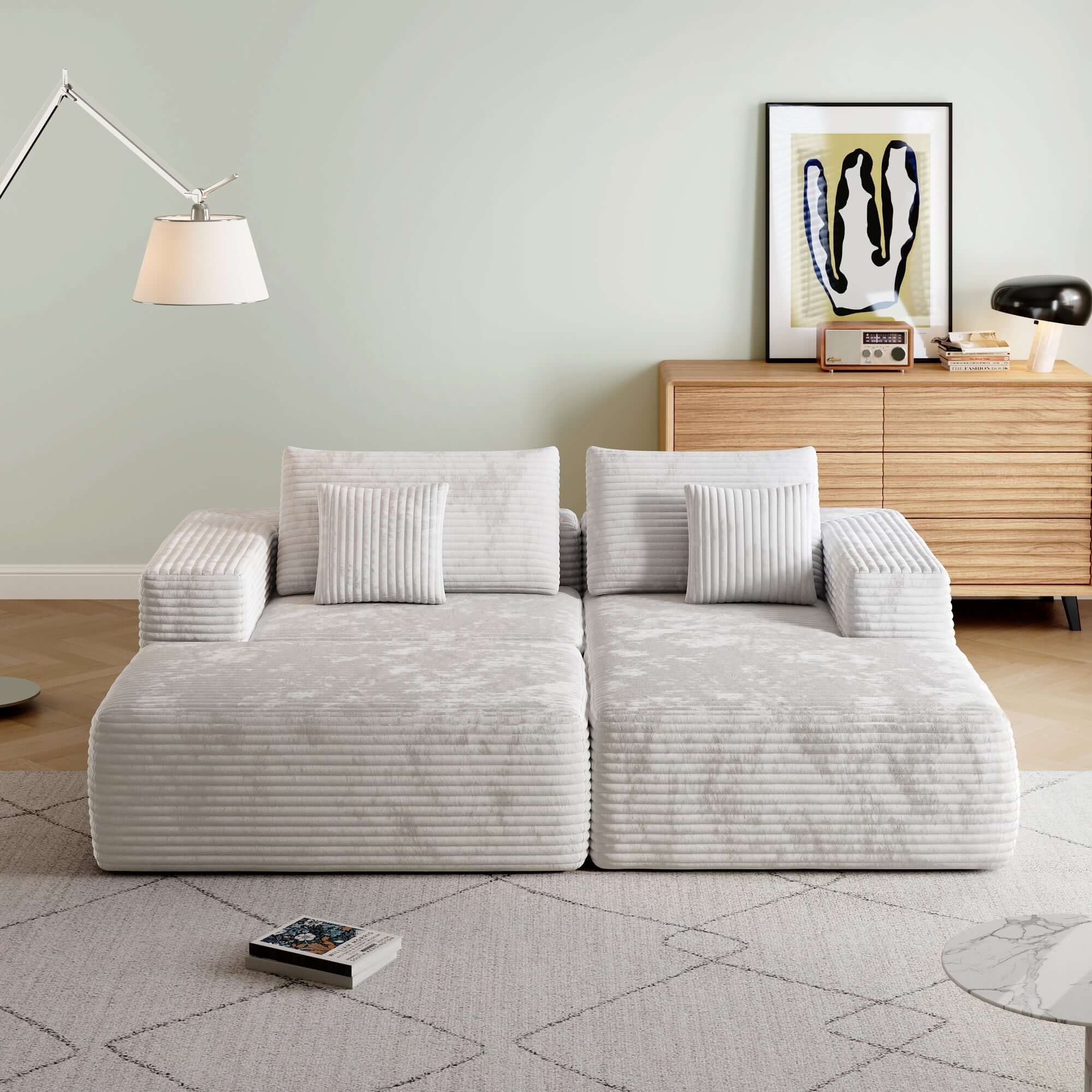 L-Shaped Beige Corduroy Sofa with Ottoman - Modern Comfortable Sectional Couch for Living Room, Lounge & Small Spaces