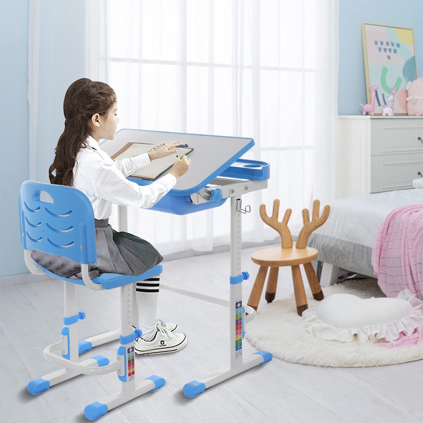 Adjustable Height Kids Desk and Chair Set with Tiltable Tabletop & Storage Drawer - Ergonomic Study Desk for Boys & Girls, Perfect for Homeschooling & Remote Learning - Durable Children's Workstation for Bedroom, Playroom or Classroom
