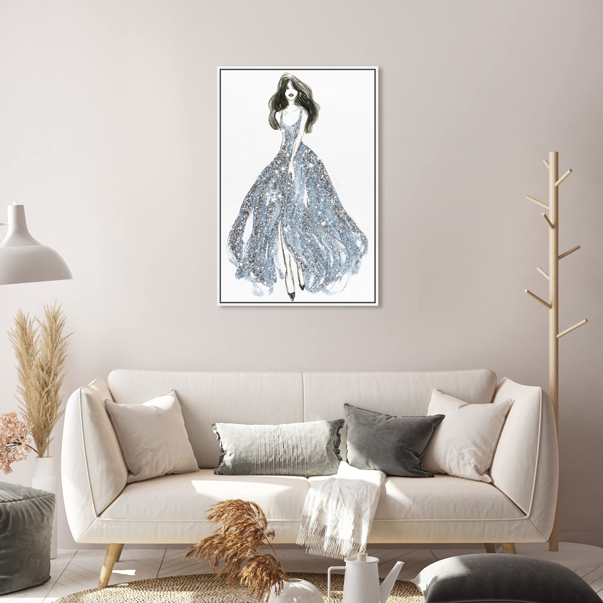 Oliver Gal Artist Co. Fashion & Glam Wall Art Canvas Print - Elegant Blue Dress Spring Décor, 20x30 Inch with White Frame - Perfect for Living Room, Bedroom & Office Decor