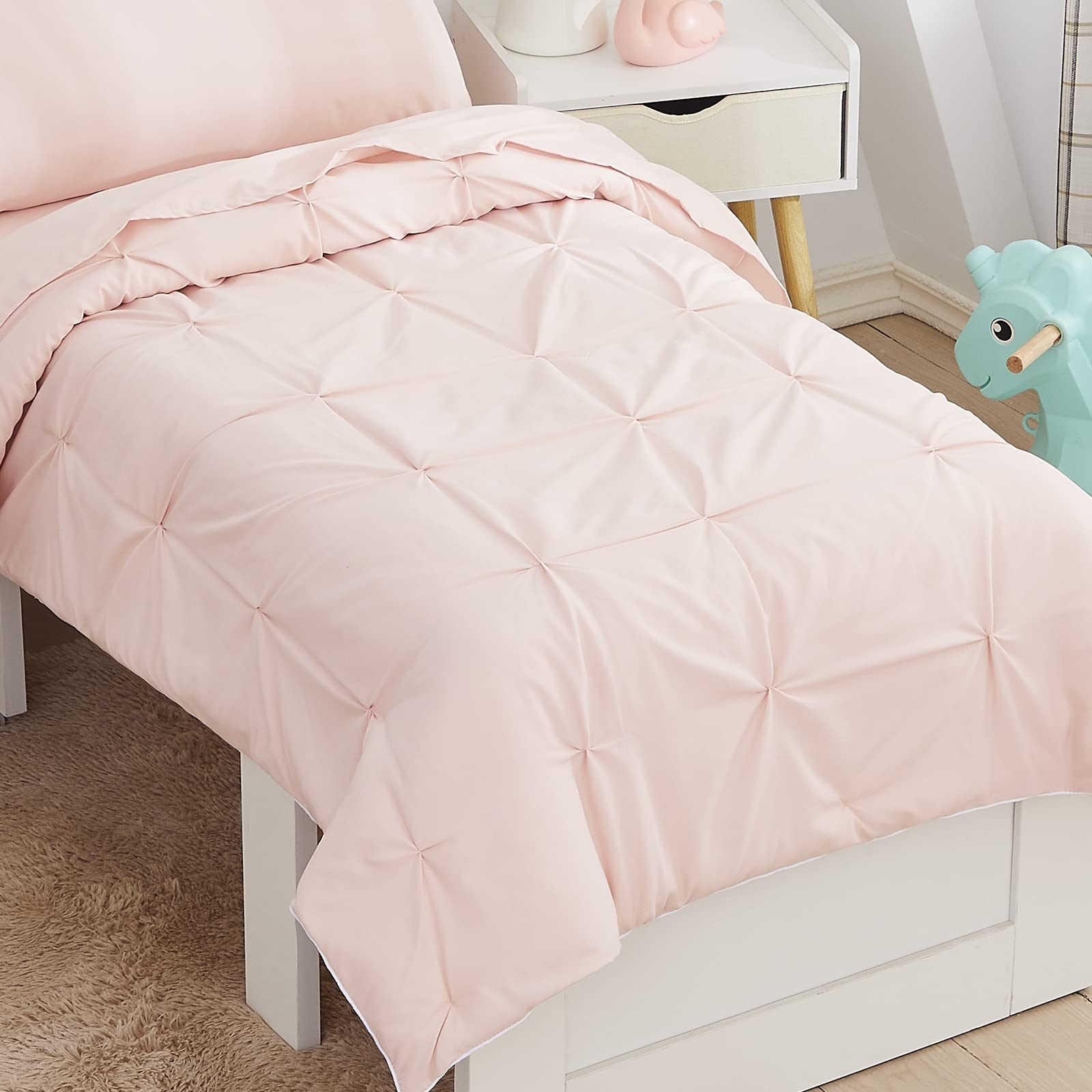 Brandream Pink Pintuck 4-Piece Toddler Bedding Set for Girls - Soft Comforter, Fitted Sheet, Flat Sheet & Pillowcase - Princess-Themed Luxury Kids Bedding | Perfect for Nursery, Daycare & Sleepovers