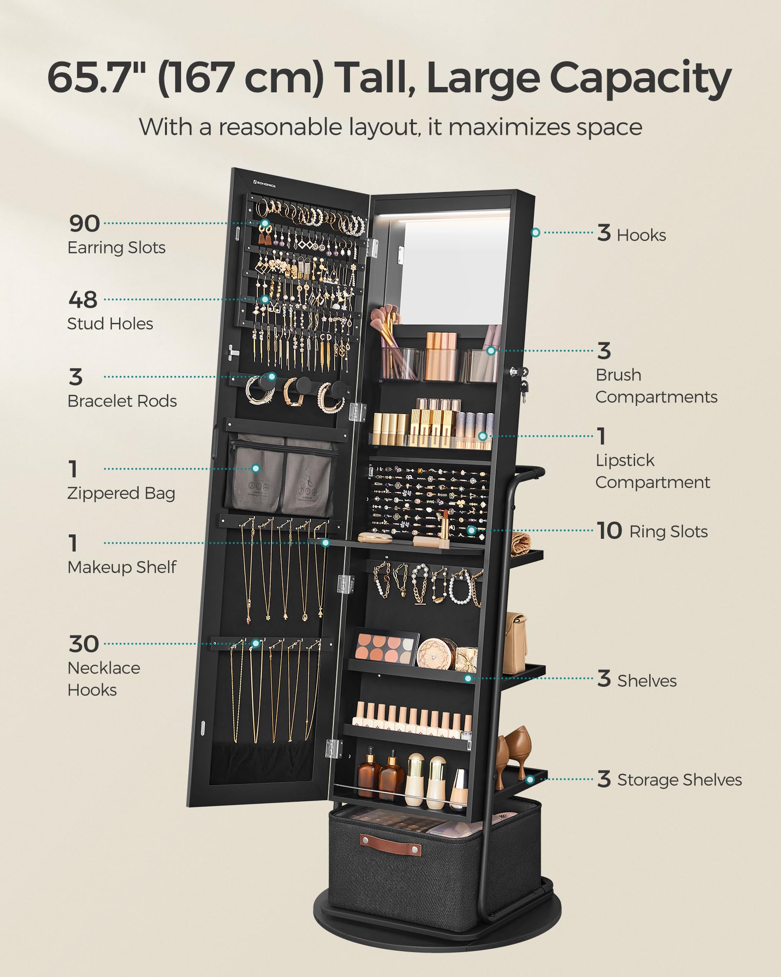 360° Swivel Jewelry Cabinet with LED Lights - Full Length Mirror & Jewelry Storage Organizer, Standing Armoire with Makeup Shelf & Large Storage Basket, Ink Black UJJC018B01 - Perfect for Bedroom, Dressing Room & Closet Organization