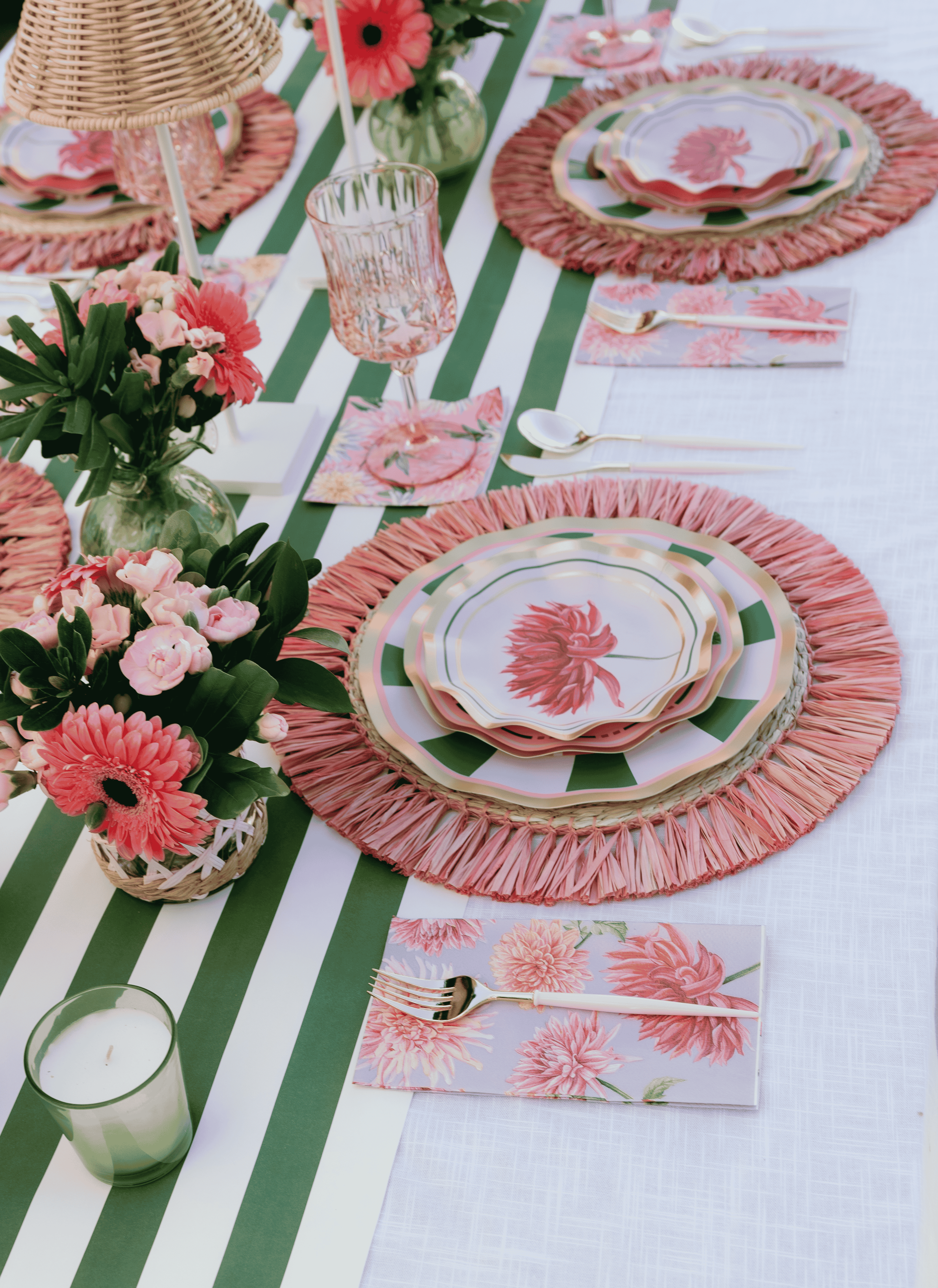 Elegant Dahlia Garden Table Setting - Perfect for Outdoor Dining, Wedding Decor, and Spring Celebrations