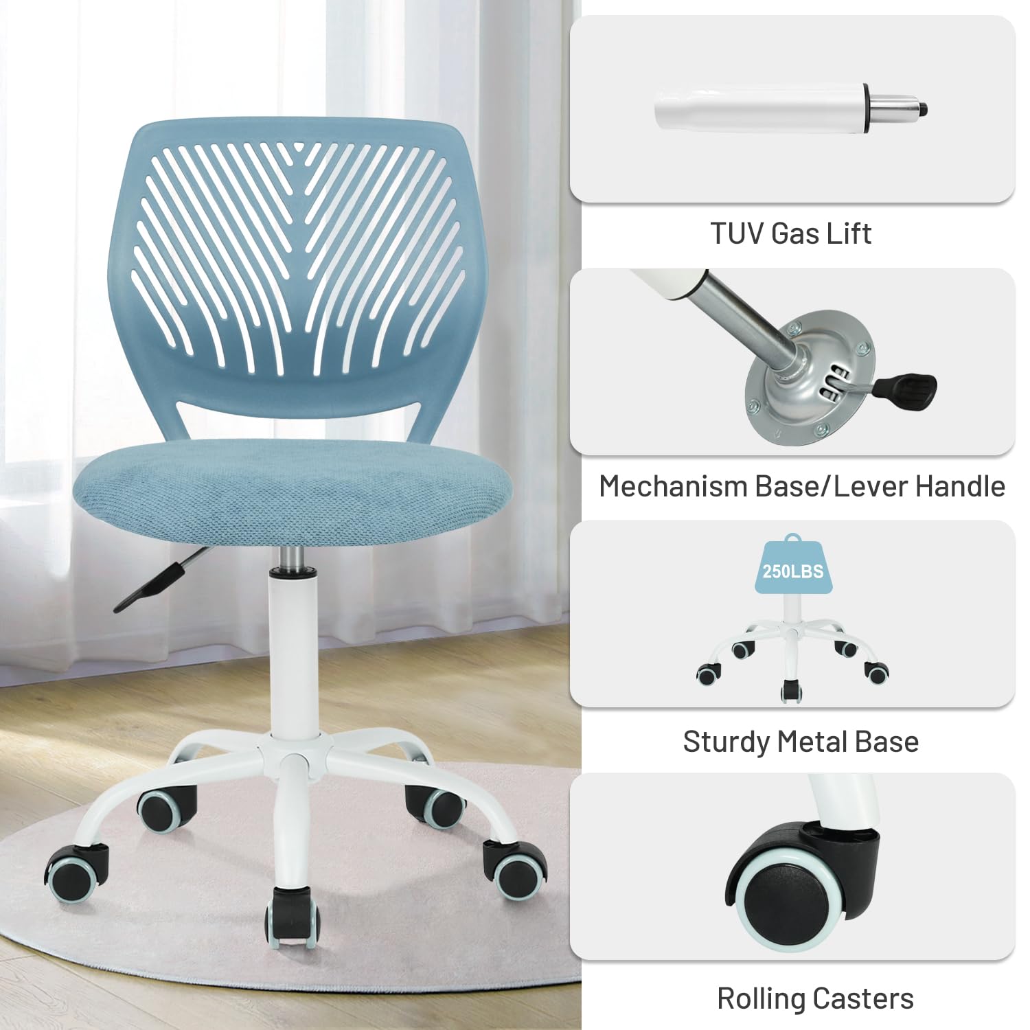 Kids Desk Chair - Adjustable Mid Back Swivel Study Chair for Students, Fabric Armless Rolling Office Chair, Light Blue | Perfect for Homework, Online Classes & Gaming
