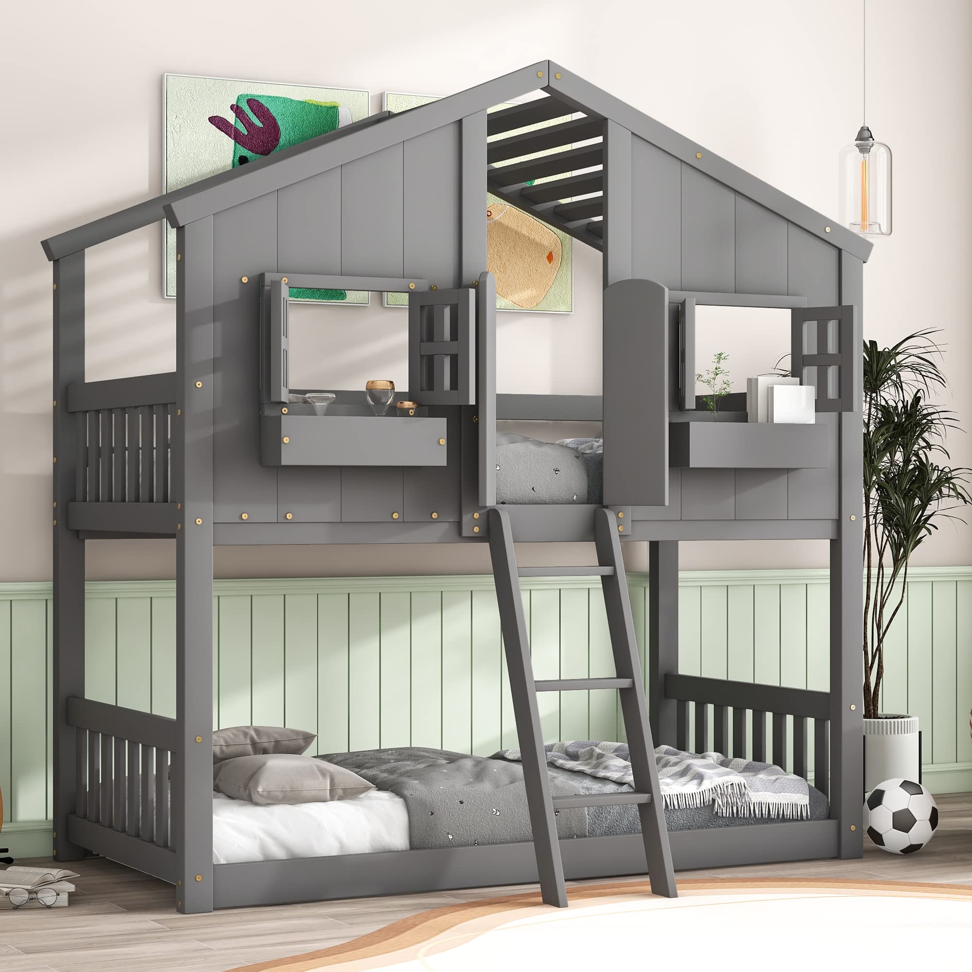 MERITLINE Twin Over Twin Wooden House Bunk Bed with Roof, Window, Window Box & Door - Grey Kids Bunk Bed for Boys, Girls & Teens | Perfect for Small Bedrooms, Shared Kids Rooms & Space-Saving Sleep Solutions