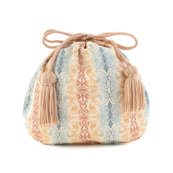 Nishijin Ori Small Drawstring Bag - Grapevine Brown & Blue - Handmade Kyoto Japan - Traditional Japanese Craft Purse - Perfect for Jewelry Storage & Gift Giving