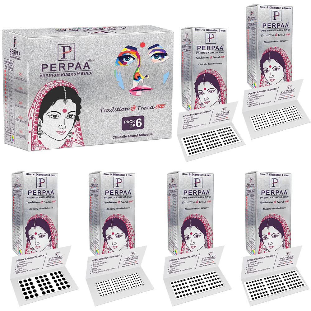PERPAA Premium Black Round Bindi for Women - Velvet Sticker Pack of 6 Boxes (15 Flaps Each) - Elegant Indian Forehead Jewelry for Weddings, Parties & Festivals - Black Combo No.33