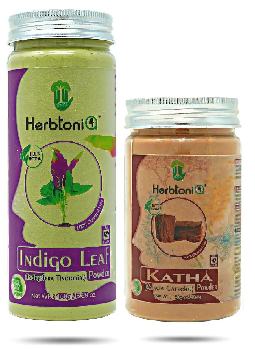 HerbtoniQ 100% Natural Indigo Leaf & Katha Powder - Ayurvedic Hair Treatment for Dandruff, Frizzy & Damaged Hair | Deep Conditioning Hair Mask (300g) | Promotes Healthy Scalp & Shiny Hair for Daily Hair Care Routine