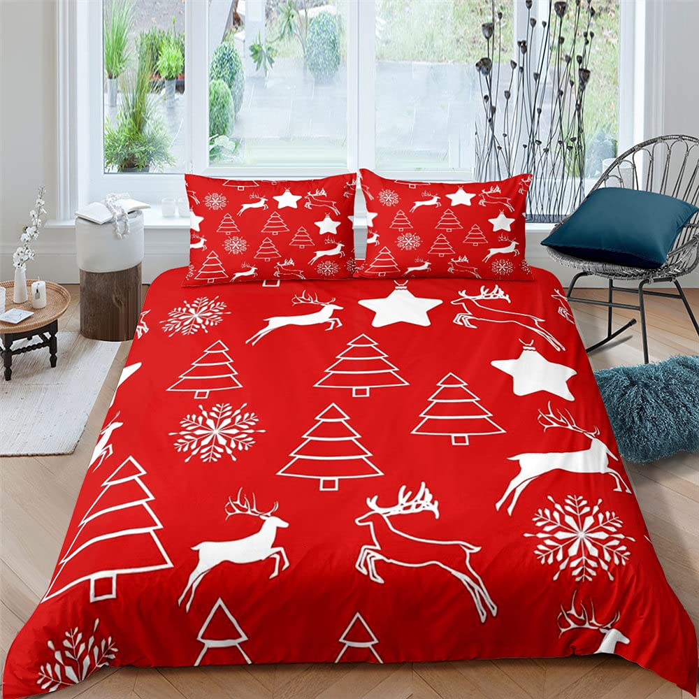 Christmas Tree Deer Snowflake Print Queen Comforter Set - Ultra Soft Red Duvet Cover with Pillowcases for Kids Gifts | Holiday Bedding Set for Twin, Full, Queen & King Size Beds | Perfect for Winter Decor & Cozy Home Styling