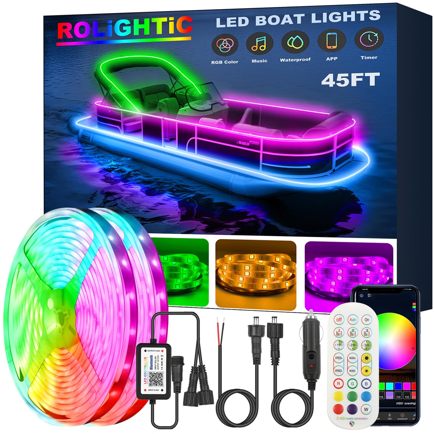 45FT LED Boat Lights - 12V RGB Marine Strip Lights with APP & RF Remote Control, IP66 Waterproof for Pontoon, Bass, Fishing Boats & Yachts | Perfect for Deck Lighting, Interior Illumination & Night Fishing