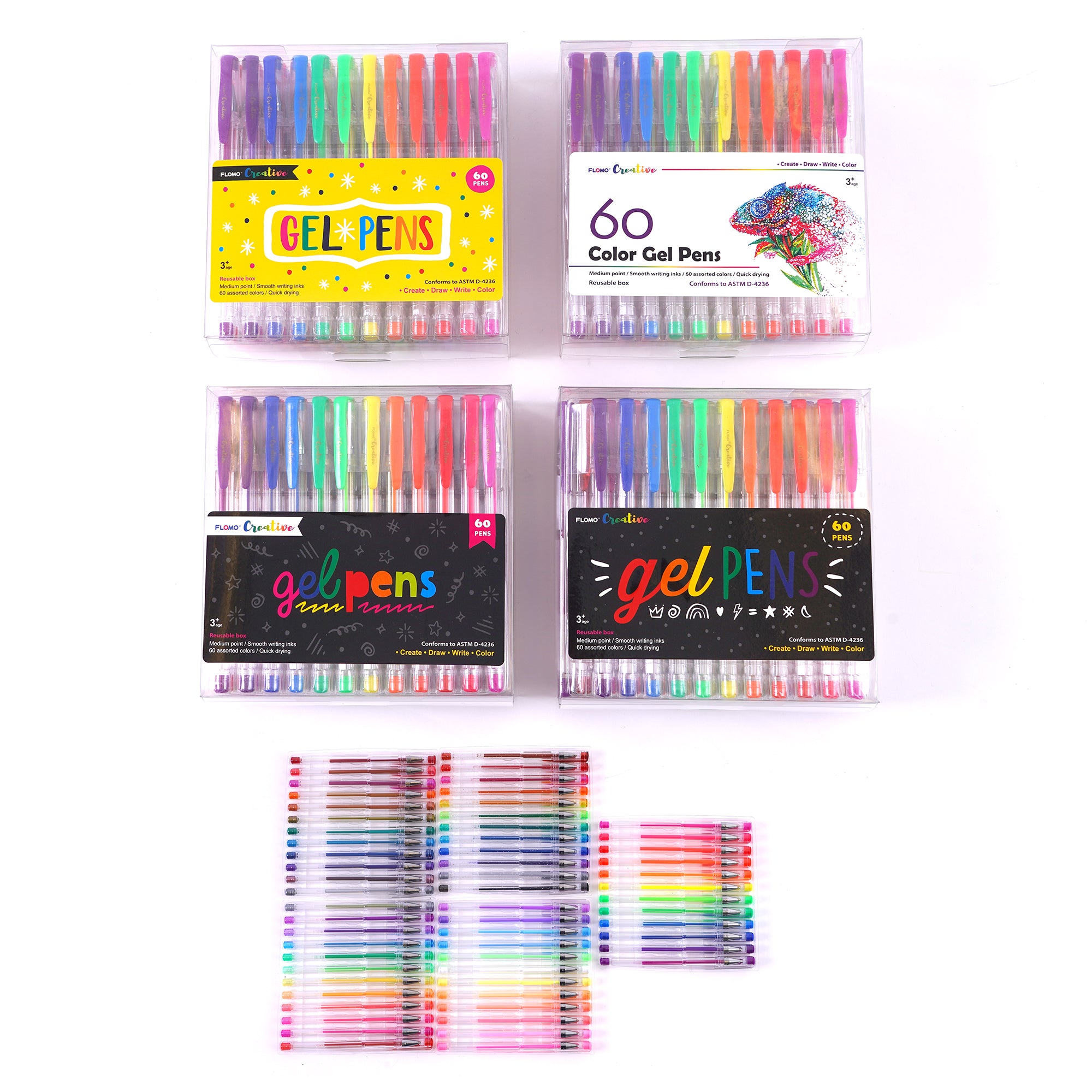60-Piece Colorful Gel Pen Set with 60 Vibrant Colors - 4 Assortments (4/12) for School, Office, Journaling, Art Projects & Creative Writing