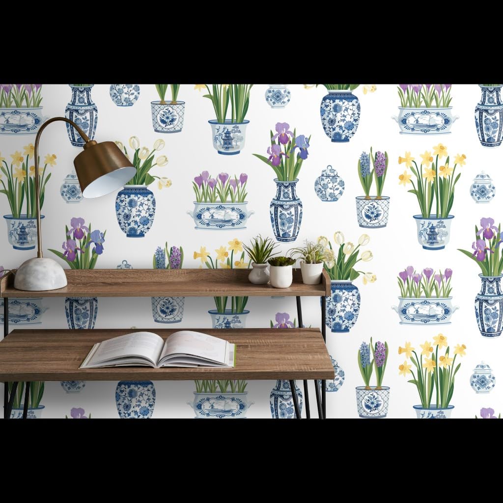 Premium Commercial Grade Wallpaper 27ft x 2ft - Floral Pots, Vases & Tulips Chinoiserie Delft Traditional Design | Spoonflower | Perfect for Living Room, Bedroom & Dining Room Decor