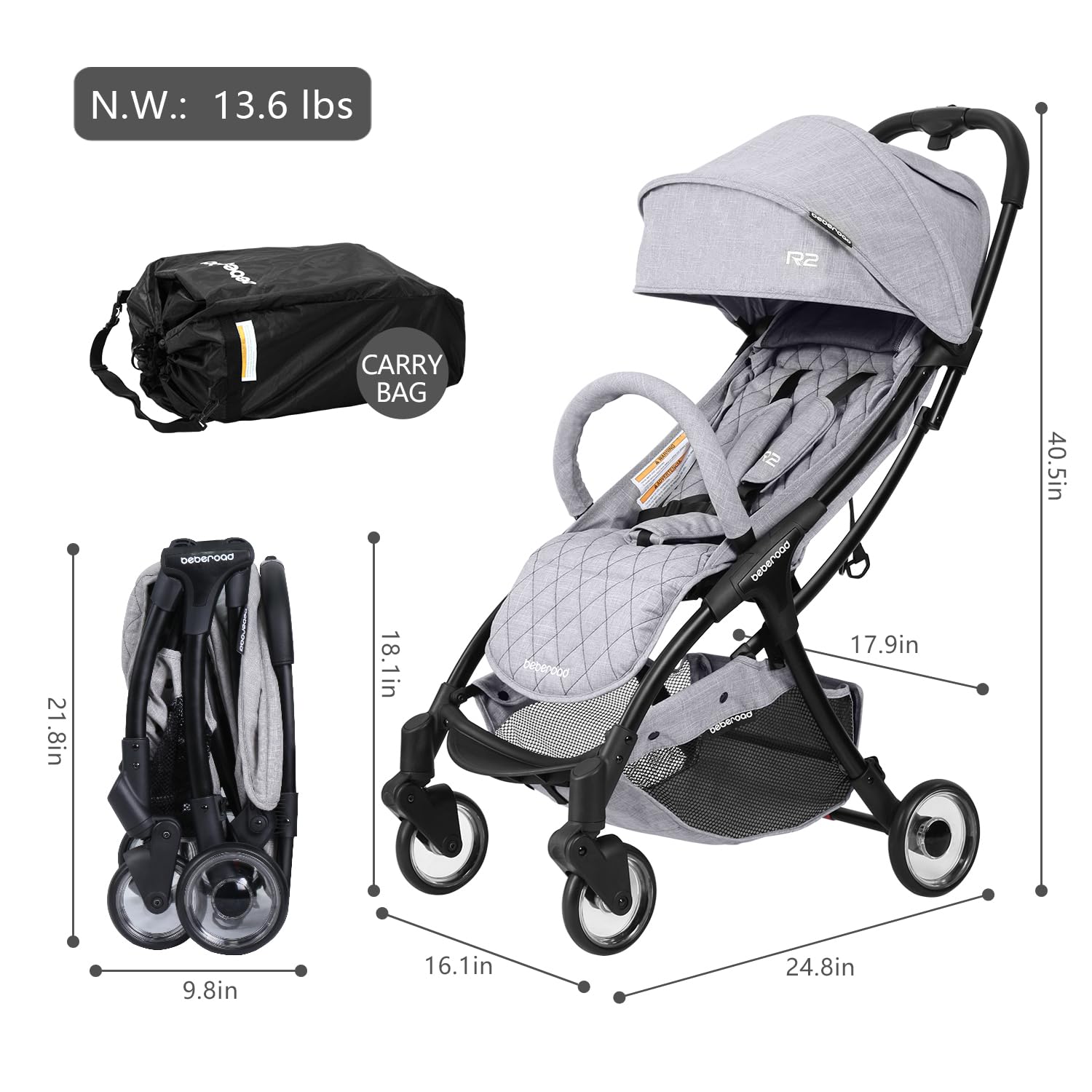 Beberoad Love R2 Compact Lightweight Foldable Travel Stroller for Baby & Toddler - Adjustable Backrest, Cup Holder, Waterproof Canopy - Perfect for Airplane Travel, Shopping & Outdoor Walks (Gray)