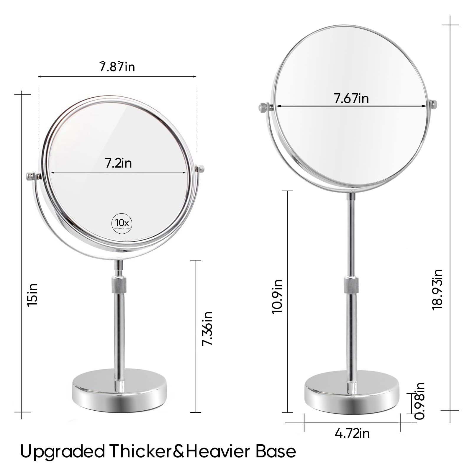 Premium 8 Inch Double-Sided Makeup Mirror with 7X Magnification - Adjustable Height Vanity Mirror for Makeup, Shaving & Skincare - Chrome Finish Tabletop Mirror for Bathroom, Bedroom & Dressing Room