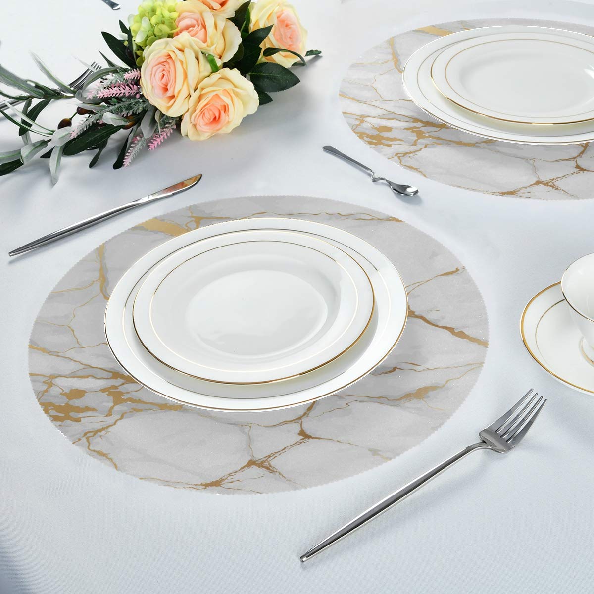 Round Marble Stripe Placemats - 15.4 Inch Heat-Resistant, Stain-Resistant & Anti-Skid Table Mats - Washable & Durable for Dining, Kitchen, and Party Decor