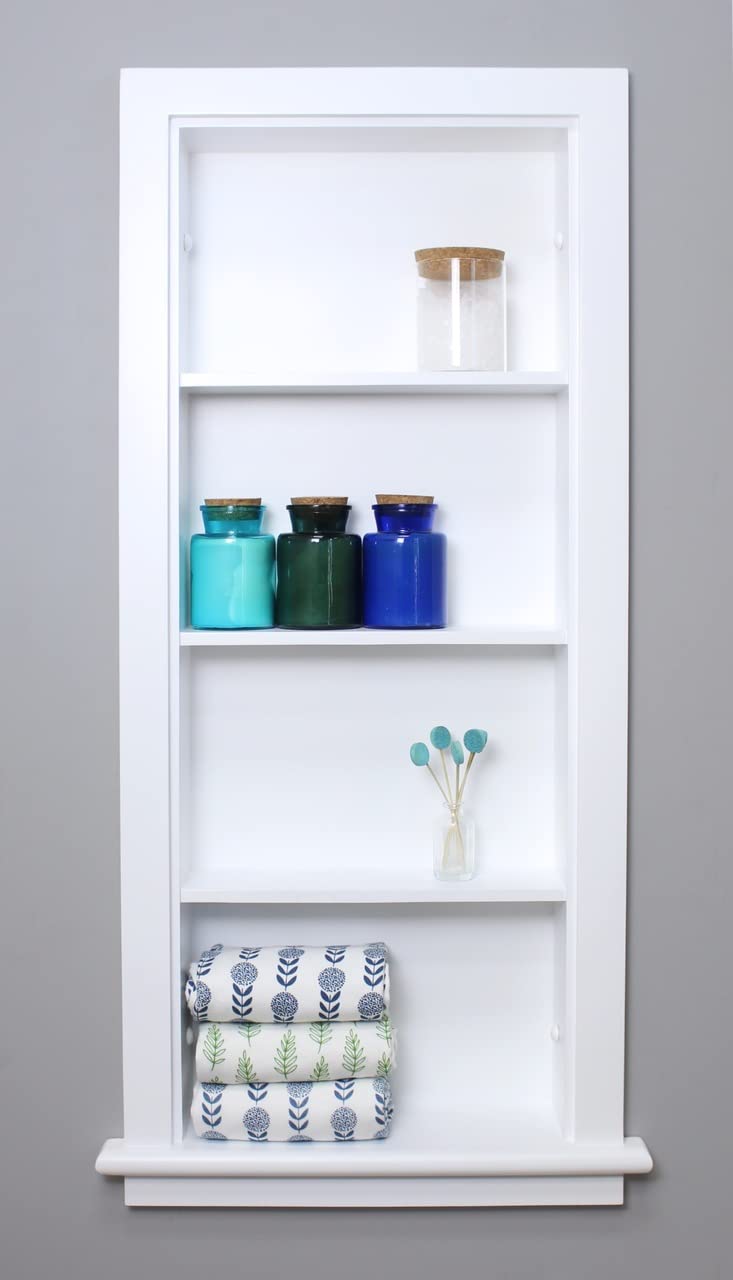 Fox Hollow Furnishings 14x36 Aiden Recessed Wall Niche Medicine Cabinet - Real Wood Bathroom Storage Shelf (No MDF) - White Plain Design - Made in USA - Perfect for Bathroom Organization & Modern Home Decor