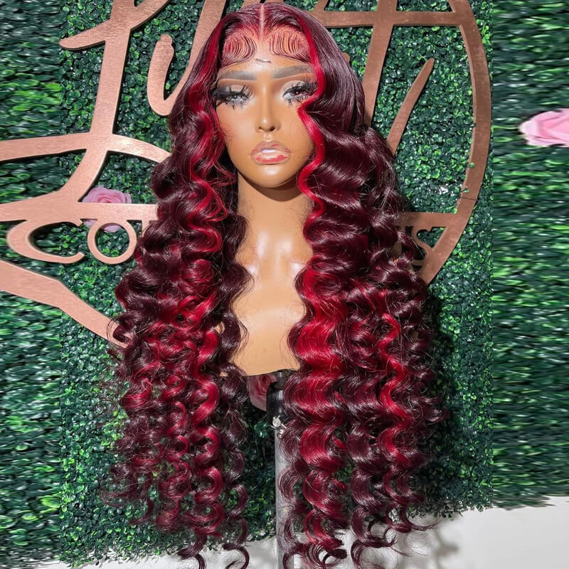 Eullair Burgundy Wine Red Human Hair Lace Front Wig with Crimped Wavy Highlights & Skunk Stripe - Heat Resistant for Styling with Curling Iron, Perfect for Cosplay, Parties & Daily Fashion