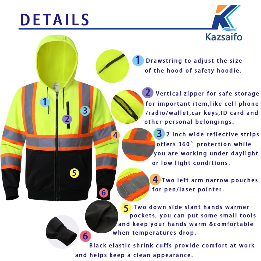 Class 3 High Visibility Safety Hoodie for Men & Women - Reflective Full Zip Fleece Sweatshirt with Black Bottom & Pockets | Perfect for Construction, Road Work & Nighttime Outdoor Activities (KZV-YellowLink-M)