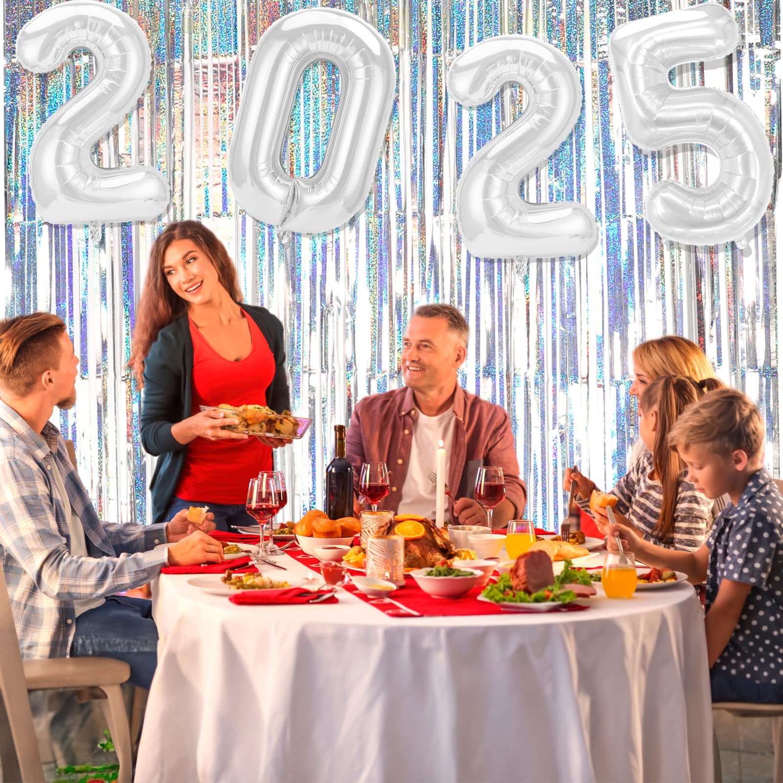 2025 New Year Decorations - Silver NYE Backdrop, Foil Fringe Curtains, Tinsel & Balloons for Party | Happy New Year Banner & Celebration Supplies for Home, Office & Event Decor