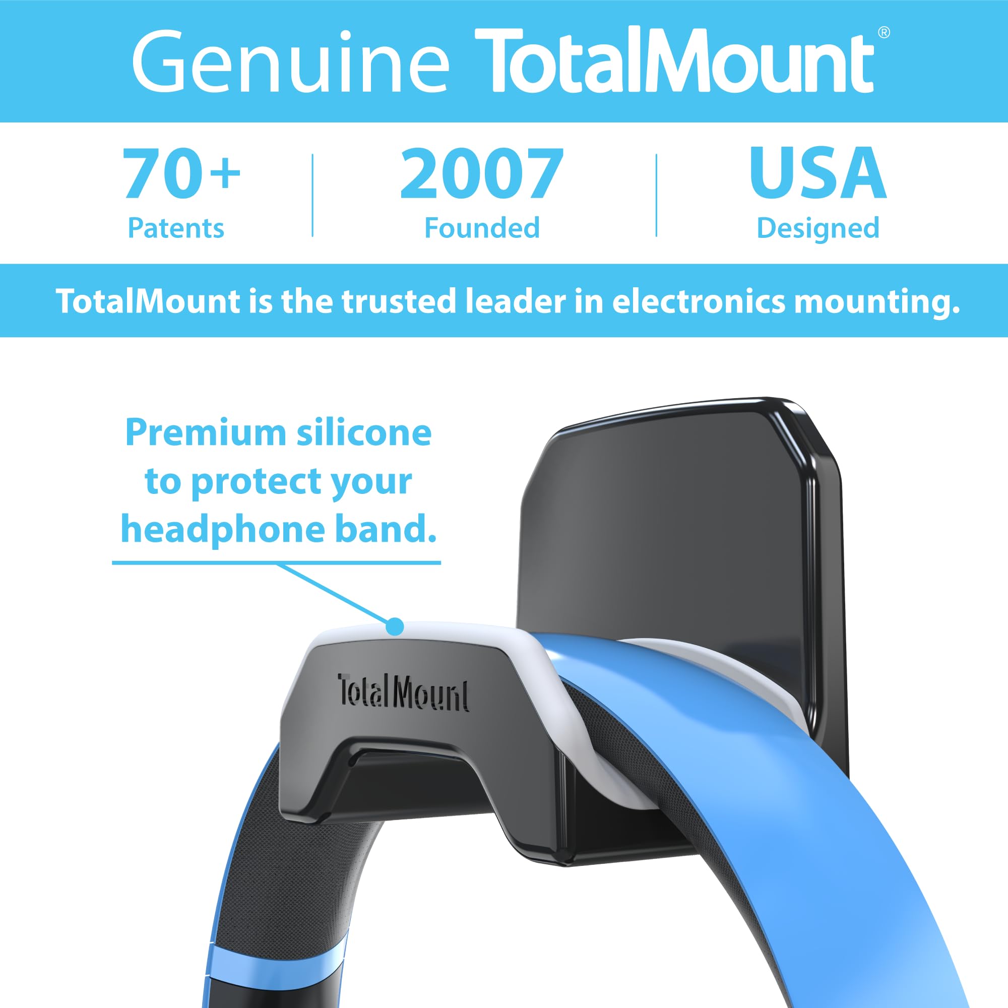 TotalMount Gaming Headset Hanger - Damage-Free Wall/Desk/PC Mount with Removable Adhesive Strips, Black Headphone Hook & Premium Silicone Cradle (1-Pack) - Perfect for Gaming Setups, Home Offices & Workstations