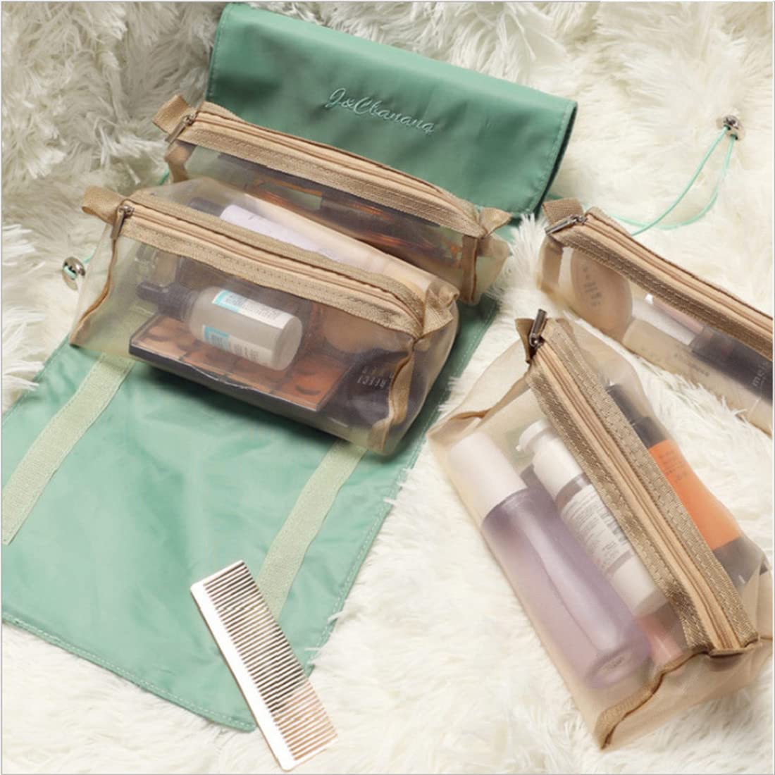 Large Waterproof Hanging Makeup Bag - Foldable Travel Cosmetic Organizer with Detachable Compartments, Green Toiletry Storage for Women | Perfect for Travel, Gym, and Daily Beauty Essentials
