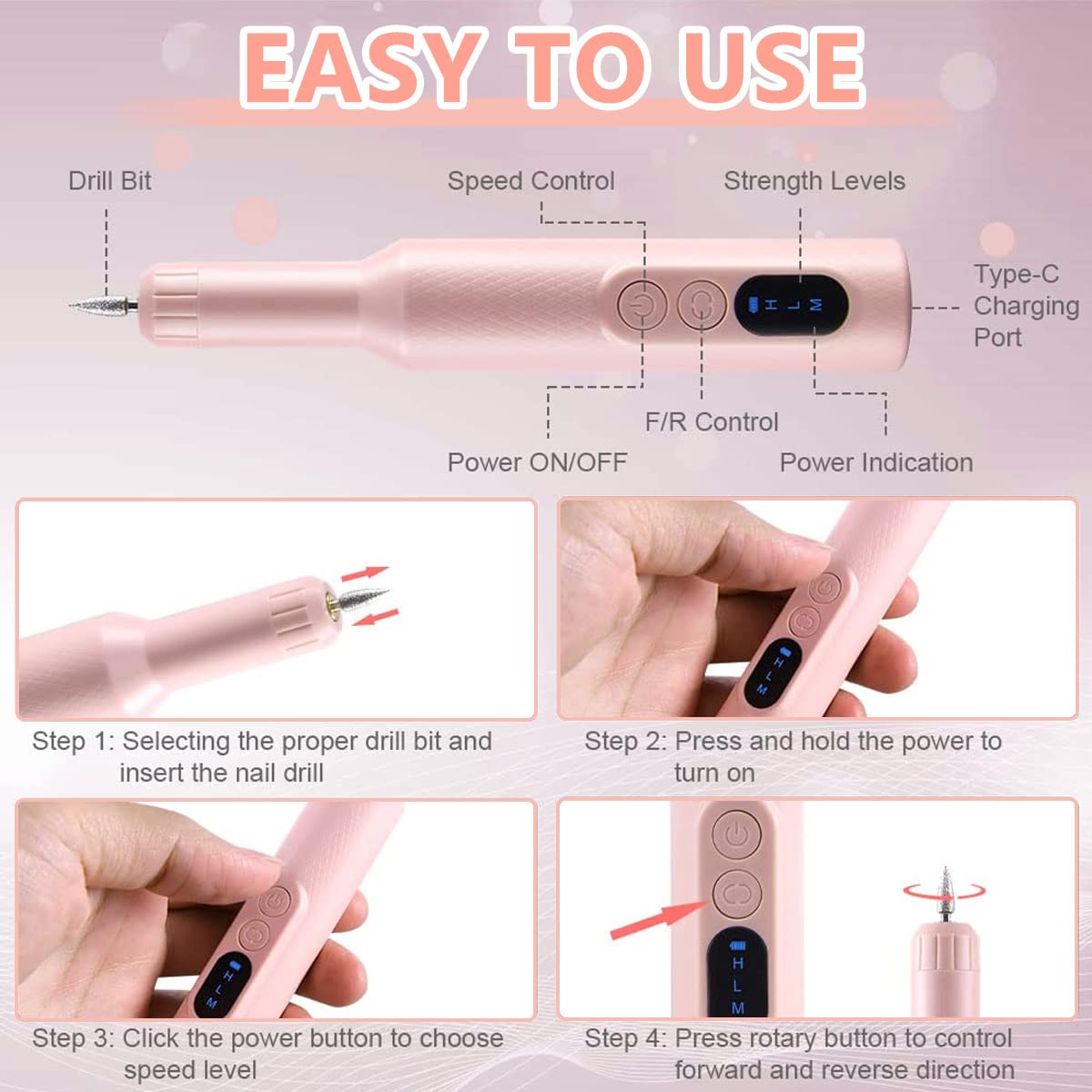 MAYCREATE® Professional Cordless Nail Drill Machine with 6 Drill Bits - Adjustable Speed Electric Manicure Pedicure Kit for Gel Nails, Nail Extensions & Salon Use - Perfect for Home Nail Care & Professional Salon Services