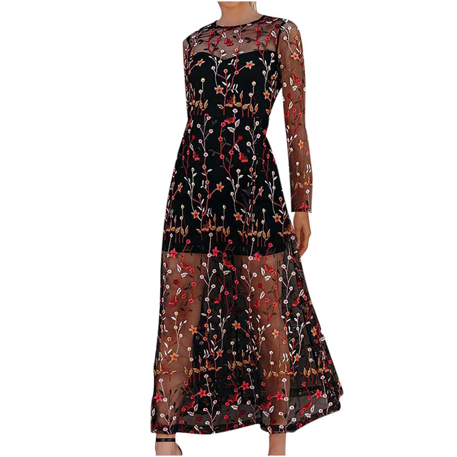 Elegant Floral Embroidered Maxi Dress for Women - Long Sleeve Crew Neck Flowy Beach Party Dress with Net Yarn Details | Perfect for Summer Vacations, Weddings & Boho Chic Outfits