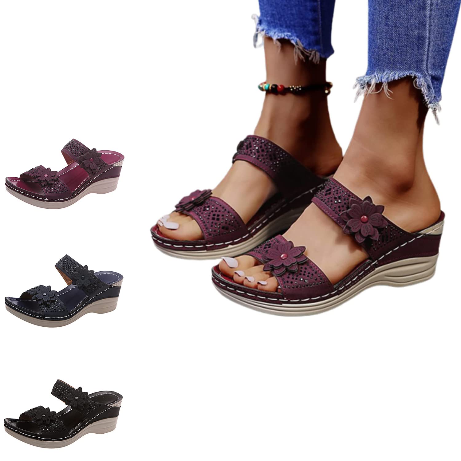 Awlstar Sursell Vintage Flower Orthotic Sandals for Women - Comfortable Arch Support Sandals with Floral Design - Perfect for Walking, Travel & Summer Outfits