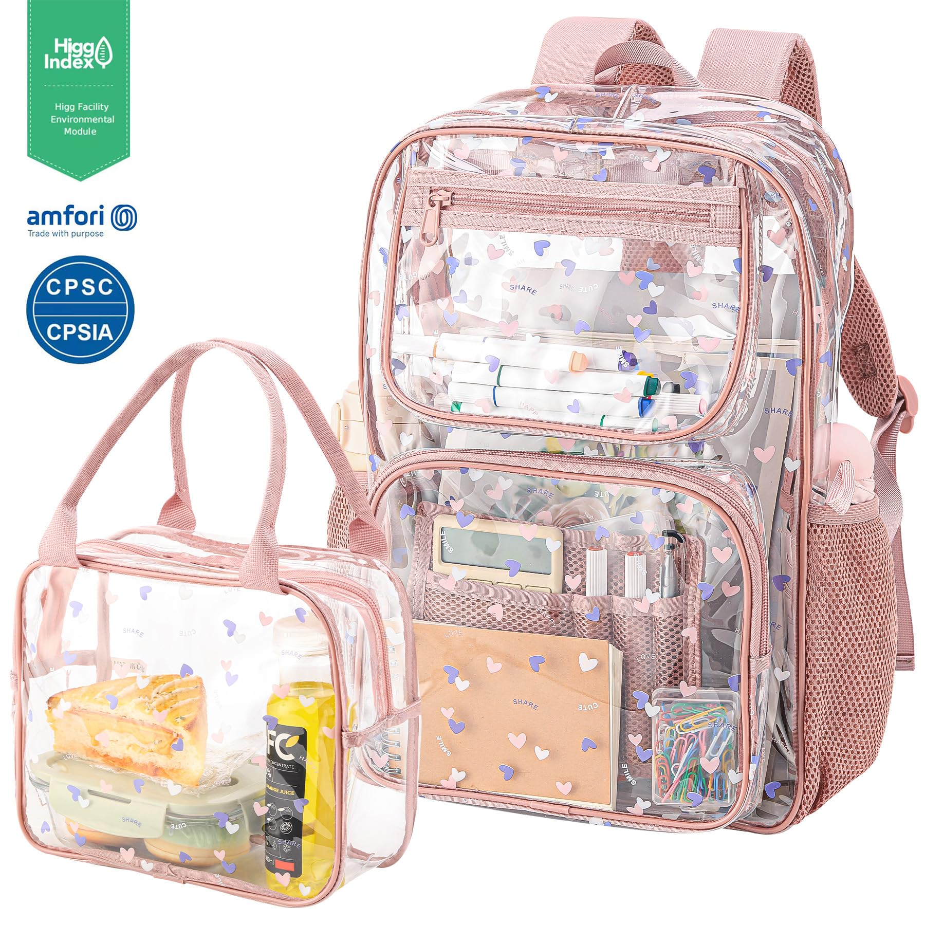 Heavy Duty Clear Backpack and Lunch Box Set for Girls - Durable, Stylish, and Practical School Supplies (Pink) - Perfect for School, Travel, and Work
