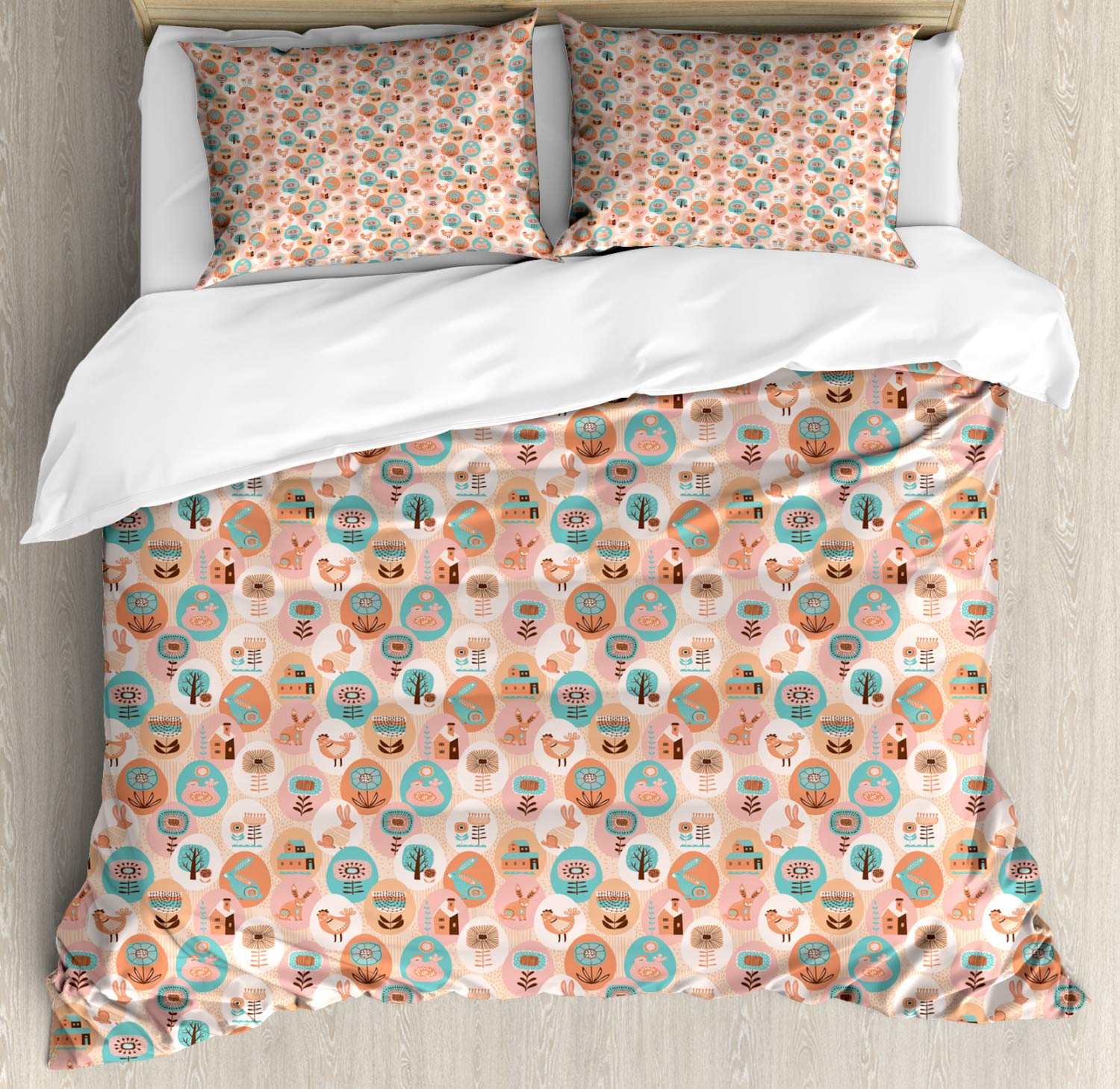 Lunarable Easter Rabbit Folk Floral Village House Chicken Print Duvet Cover Set - 3 Piece Queen Size Bedding with 2 Pillow Shams, Peach Multicolor | Kids Room Decor, Spring Themed Bedroom, Holiday Home Accessories