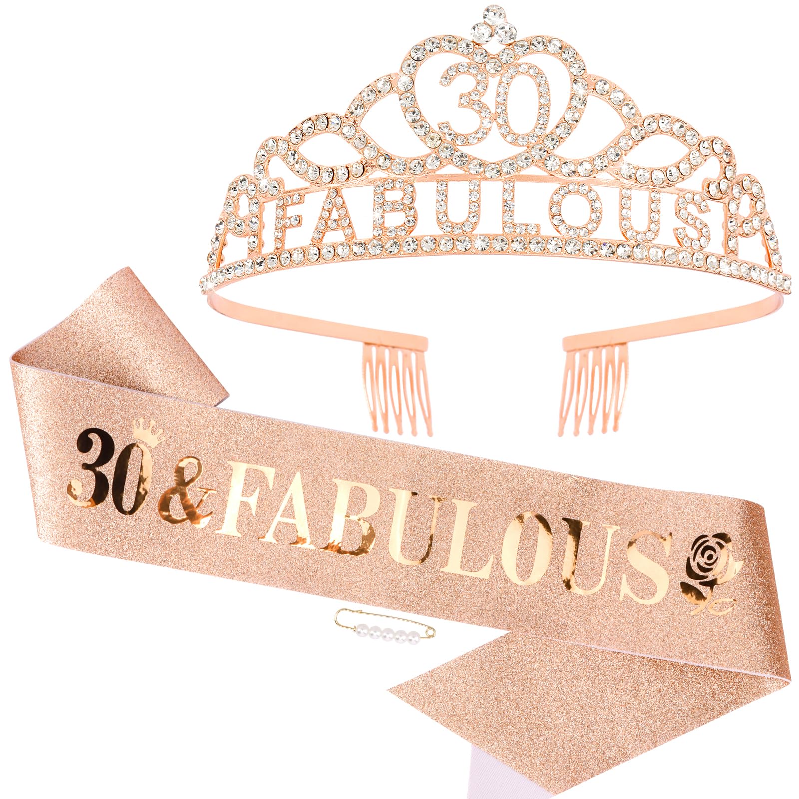 Rose Gold 30th Birthday Crown & Sash Set for Women - Elegant 30th Birthday Party Decorations, Dress Outfit & Gifts for Her - Perfect for Birthday Celebrations, Photo Shoots & Special Occasions