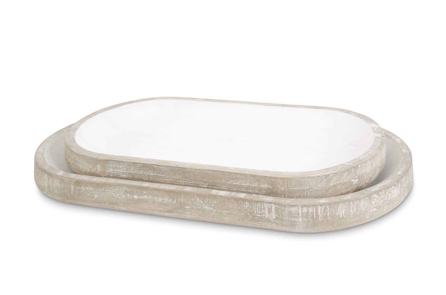 K&K Interiors Set of 2 Oval Paulownia Wood Serving Trays with Center Handles - Natural Brown & White Wooden Platter for Dining Table, Coffee Table Decor, Breakfast in Bed, Gift Giving (Grad Sizes)