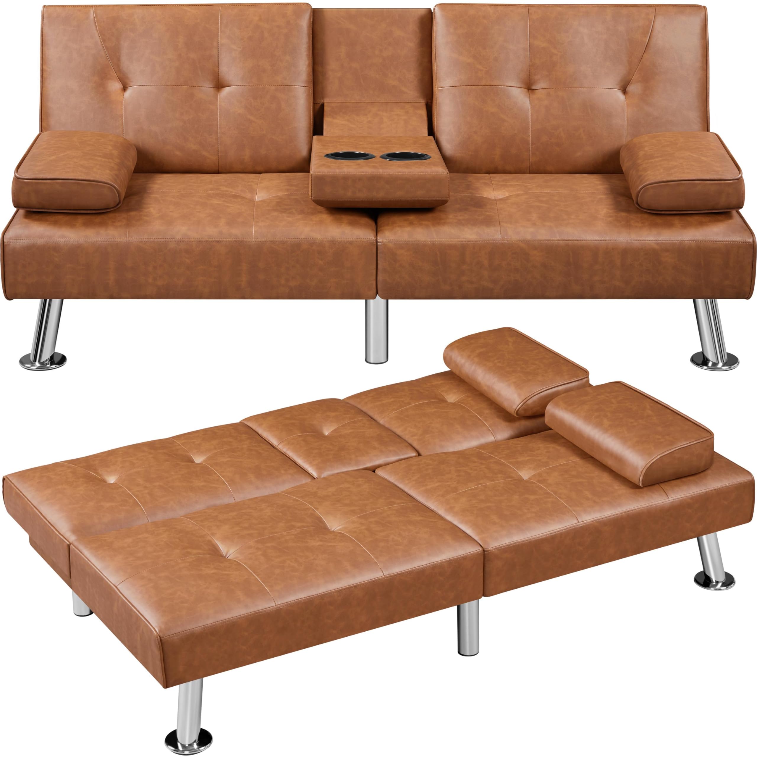 Yaheetech Convertible Sofa Bed - Adjustable Faux Leather Recliner Loveseat with Removable Armrests & Cup Holders, 3-Position Reclining, 772lb Weight Capacity, Brown - Perfect for Small Spaces, Guest Rooms & Apartments
