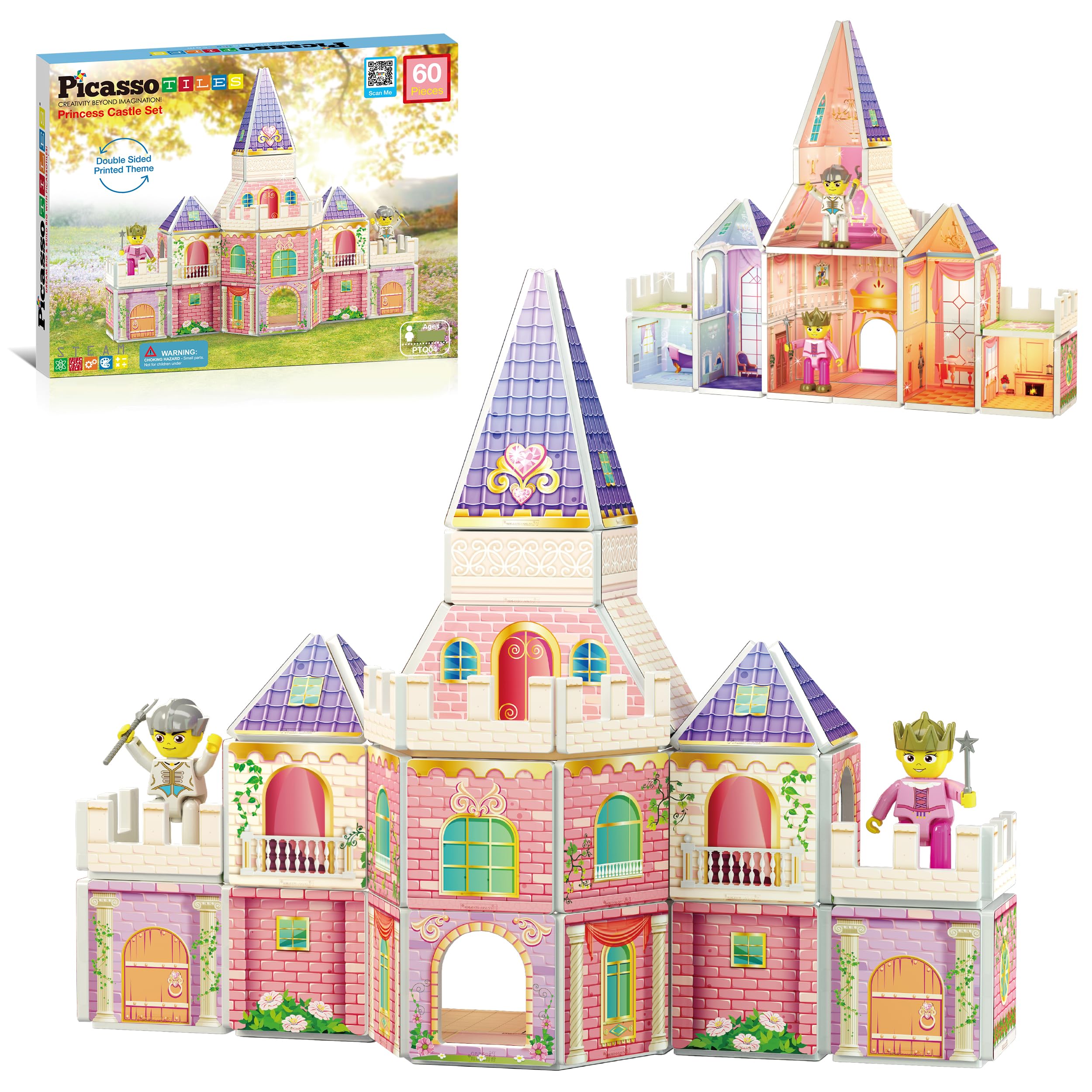 PicassoTiles Magnetic Building Blocks - Princess Castle Theme with 2 Action Figures, Double-Sided STEM Learning Toy for Kids Ages 3+ | Creative Construction, Fantasy Play & Educational Development (PTQ04) - Perfect for Birthday Gifts, Classroom Activities & Imaginative Playtime